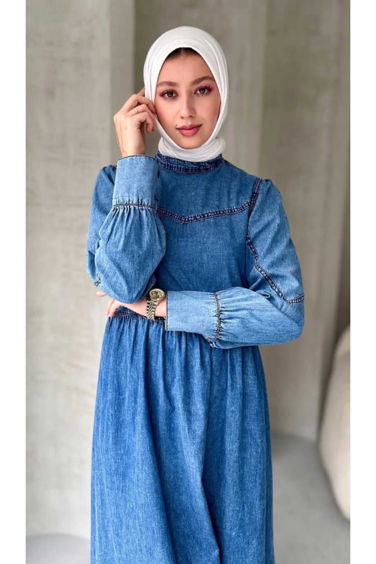 Weak Blue Kollu Manteşli Dik Yaka Kot İnce Elbise
