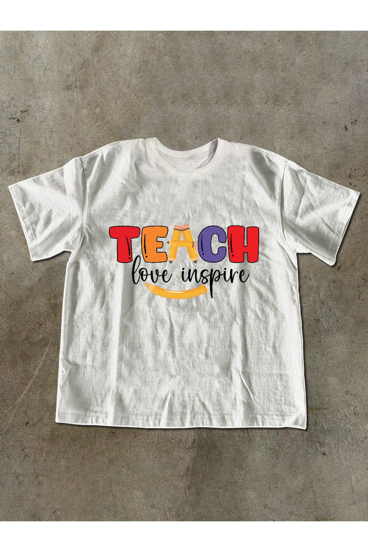ELNOYA Unisex Pamuklu Beyaz Oversize "Teacher Fuel" Baskılı Bisiklet Yaka Rahat T-shirt