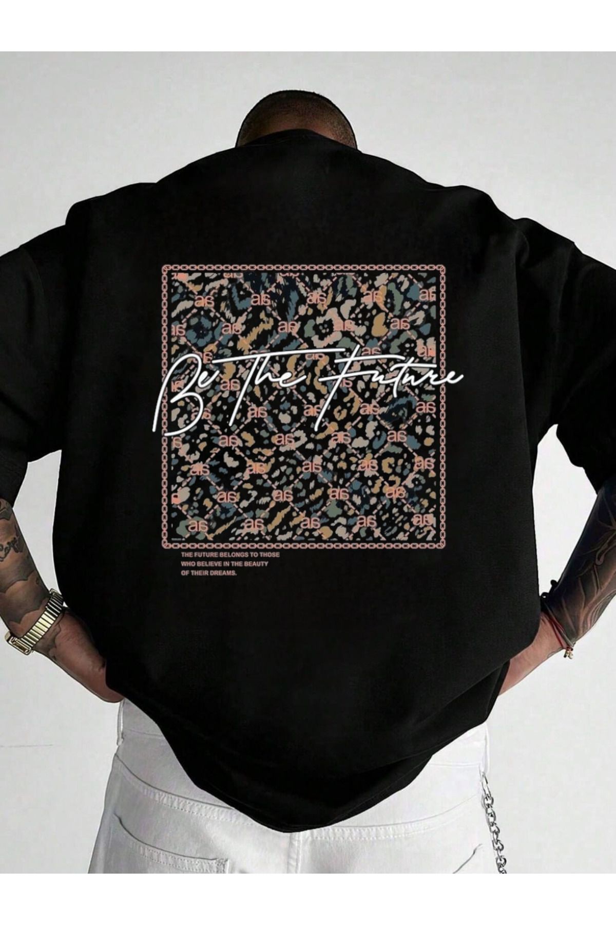 ELNOYA Unisex Pamuklu Siyah Oversize "Be The Father" Baskılı Bisiklet Yaka Rahat T-shirt