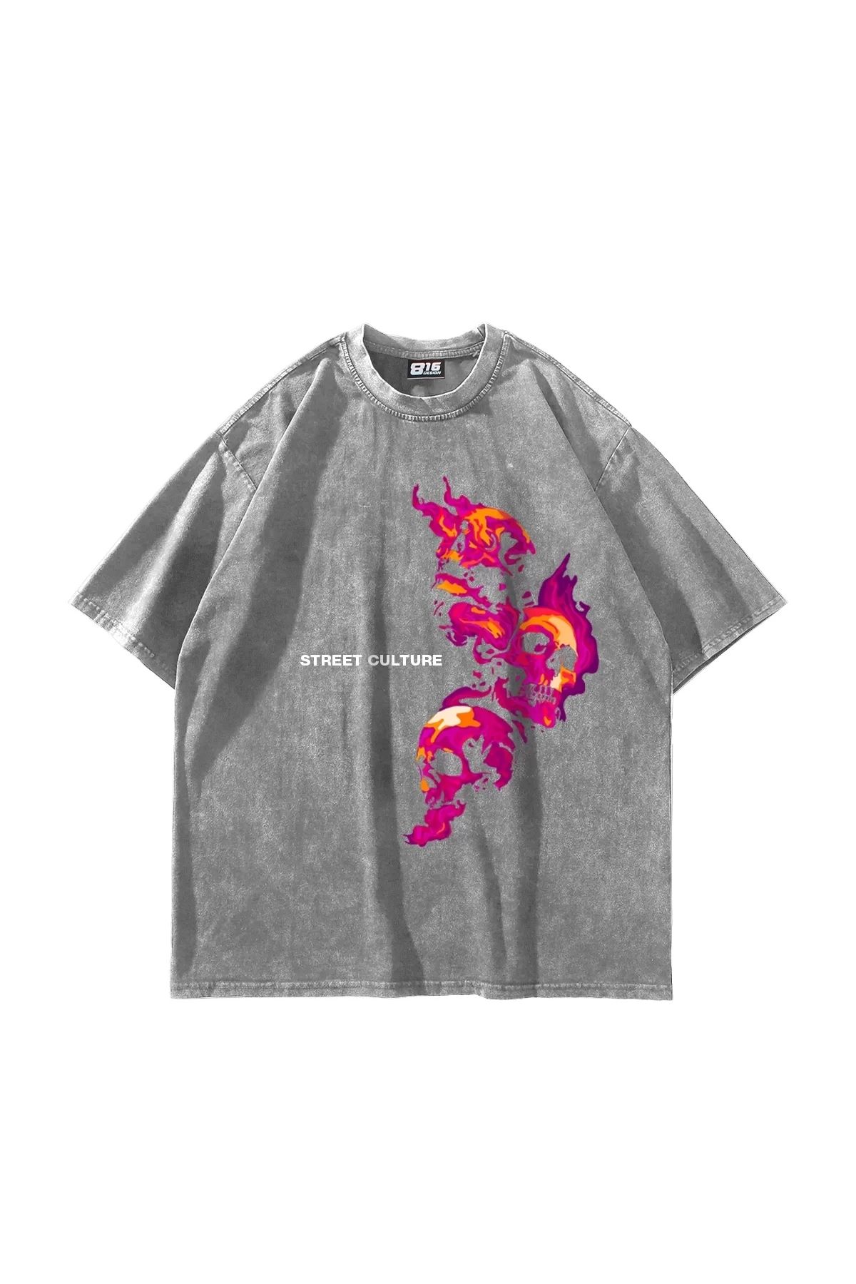 Bak Moda Skull Smoke Baskılı Oversize Unisex Yıkamalı Beyaz Tshirt