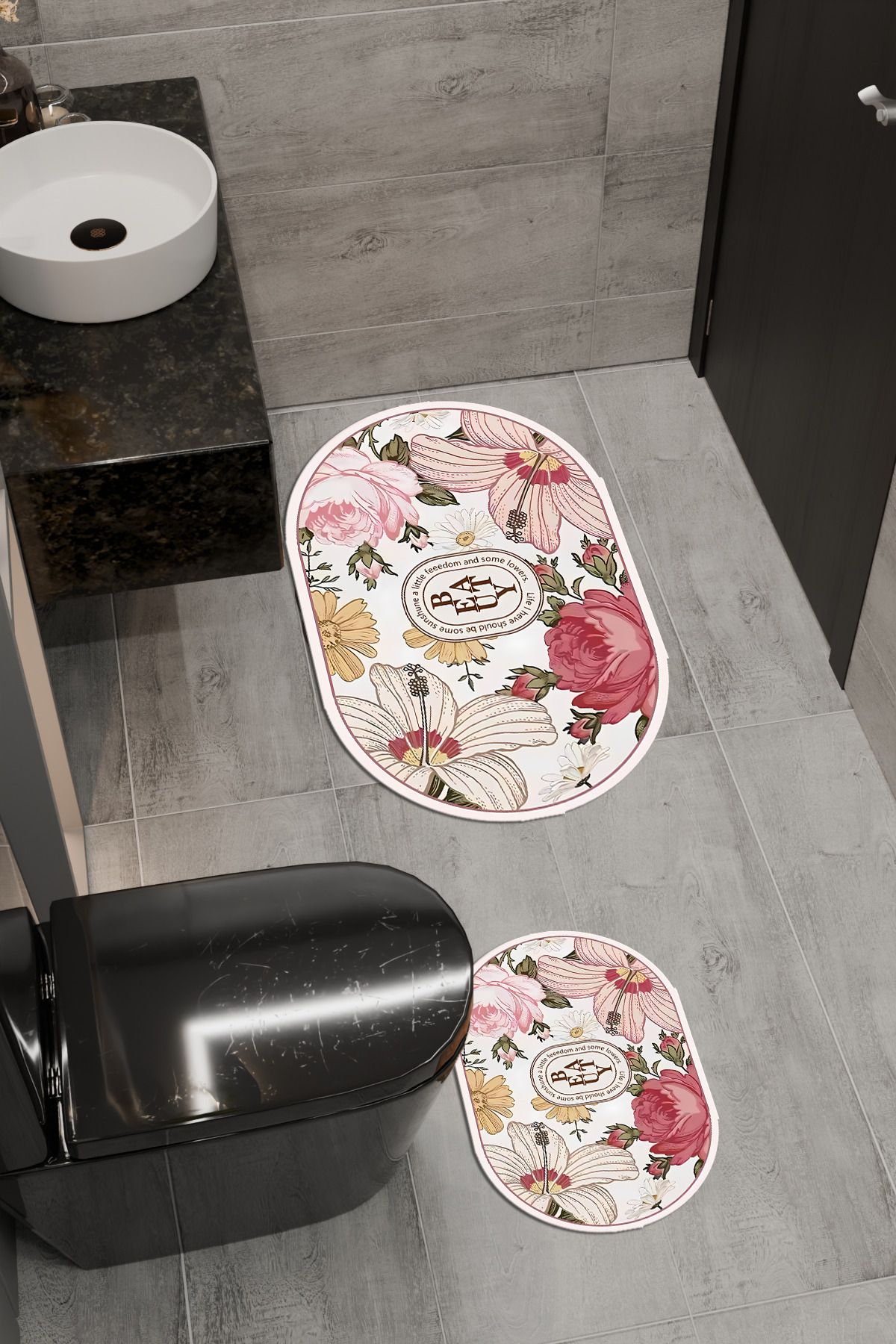 vodler Beauty Desenli Eko Banyo Paspası, Kaymaz Taban, Makinada Yıkanabilir, Dijital Baskı 2'li Set