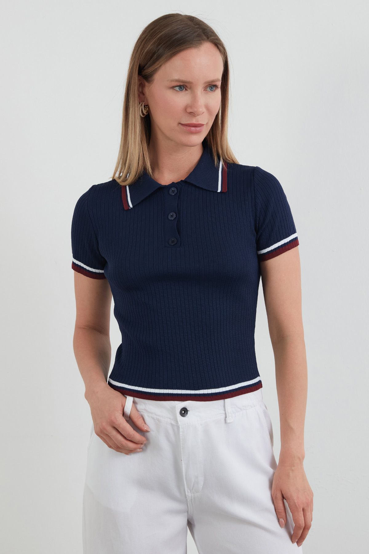 Fulla Moda Çizgili Fitilli Polo Yaka Triko Bluz