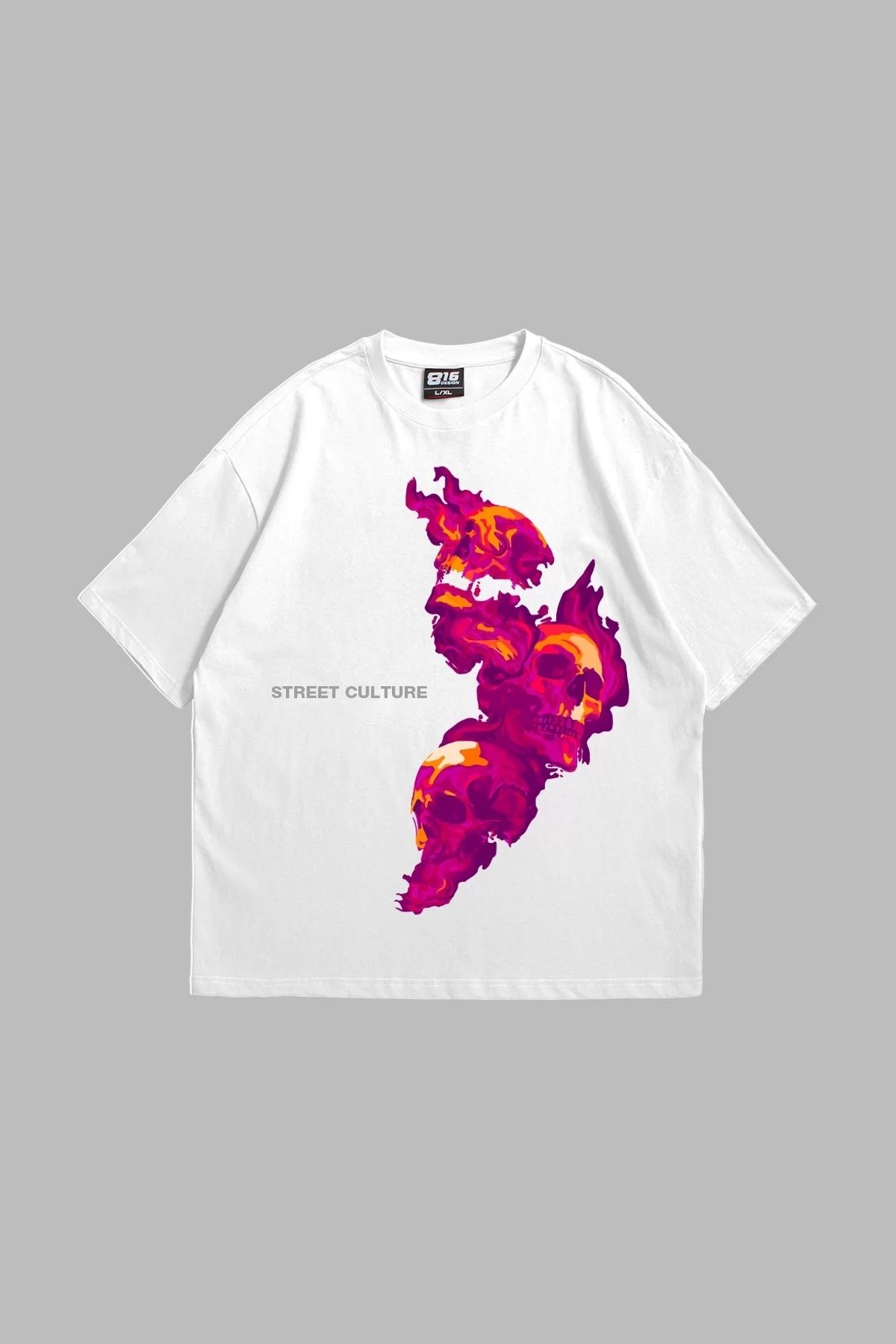 Bak Moda Skull Smoke Baskılı Oversize Unisex Beyaz Tshirt