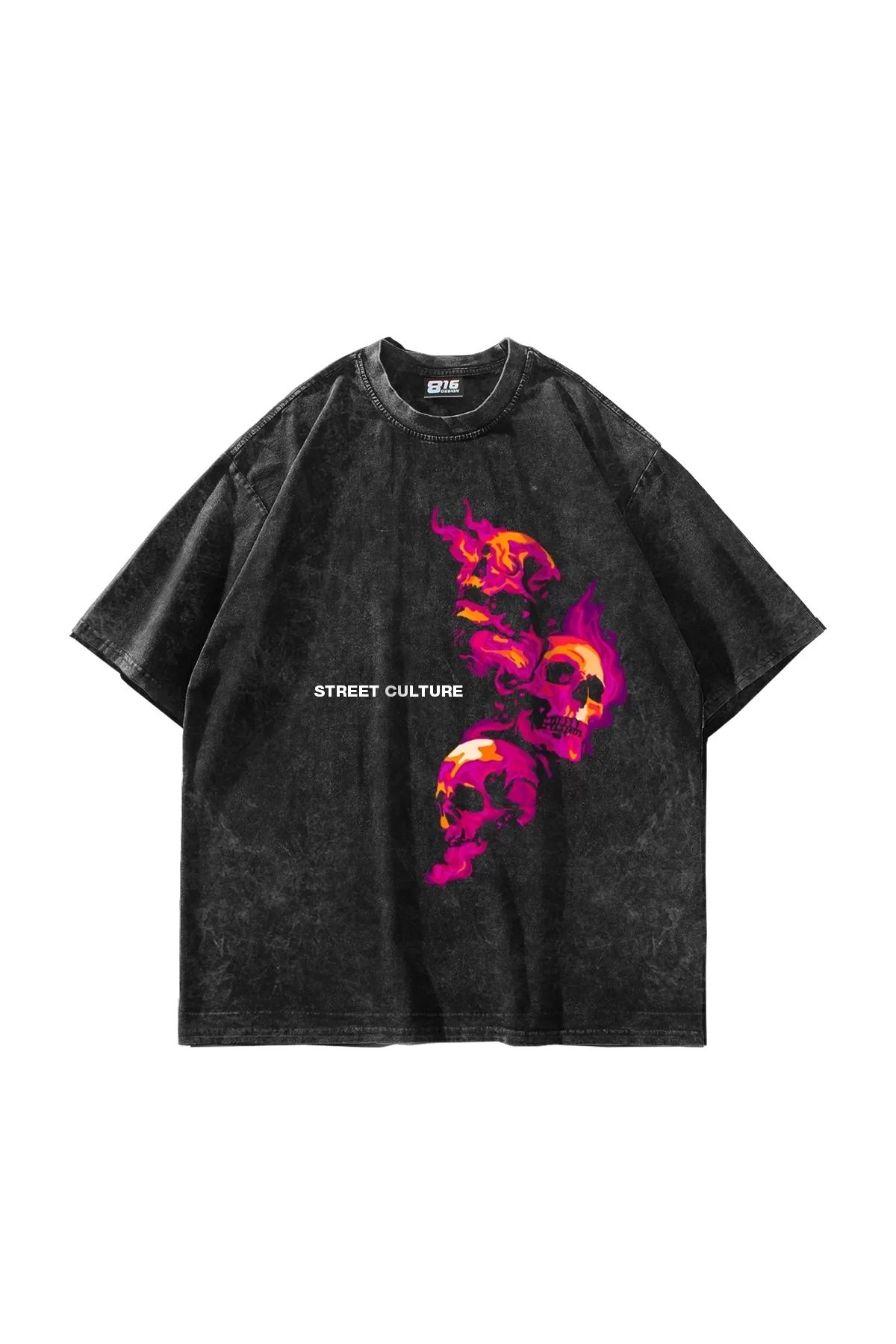 Bak Moda Skull Smoke Baskılı Oversize Unisex Yıkamalı Siyah Tshirt