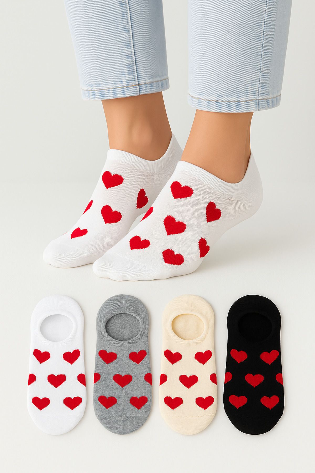 KaeLaurean Kadın Dikişsiz Soft Pamuk Kalp Desenli 4'lü Sneakers Çorap