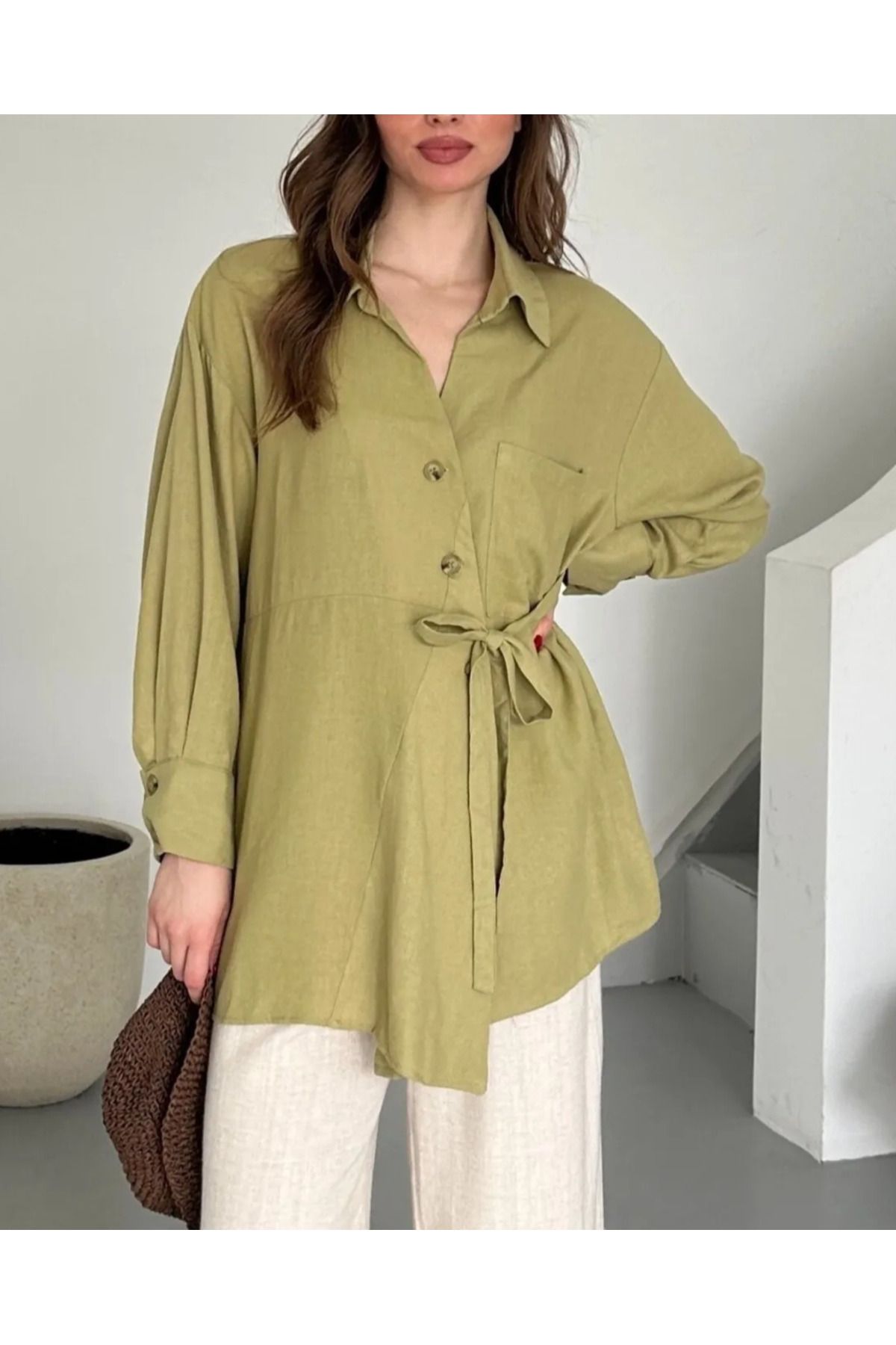 My Blog Haki Çapraz Düğmeli Beli Kemerli Gömlek - 5258