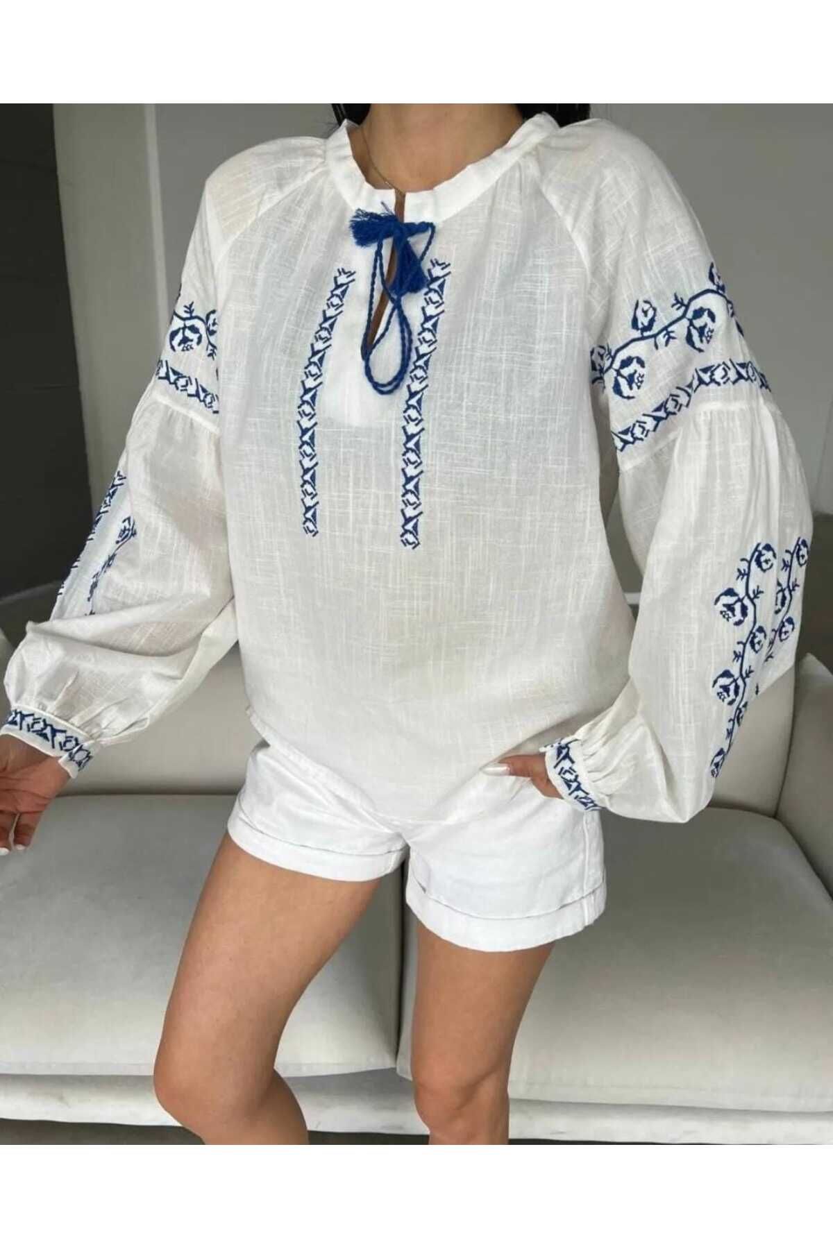 stilbebedunyasi Kadın Keten Dantel Desen Bağcıklı Beyaz Bluz