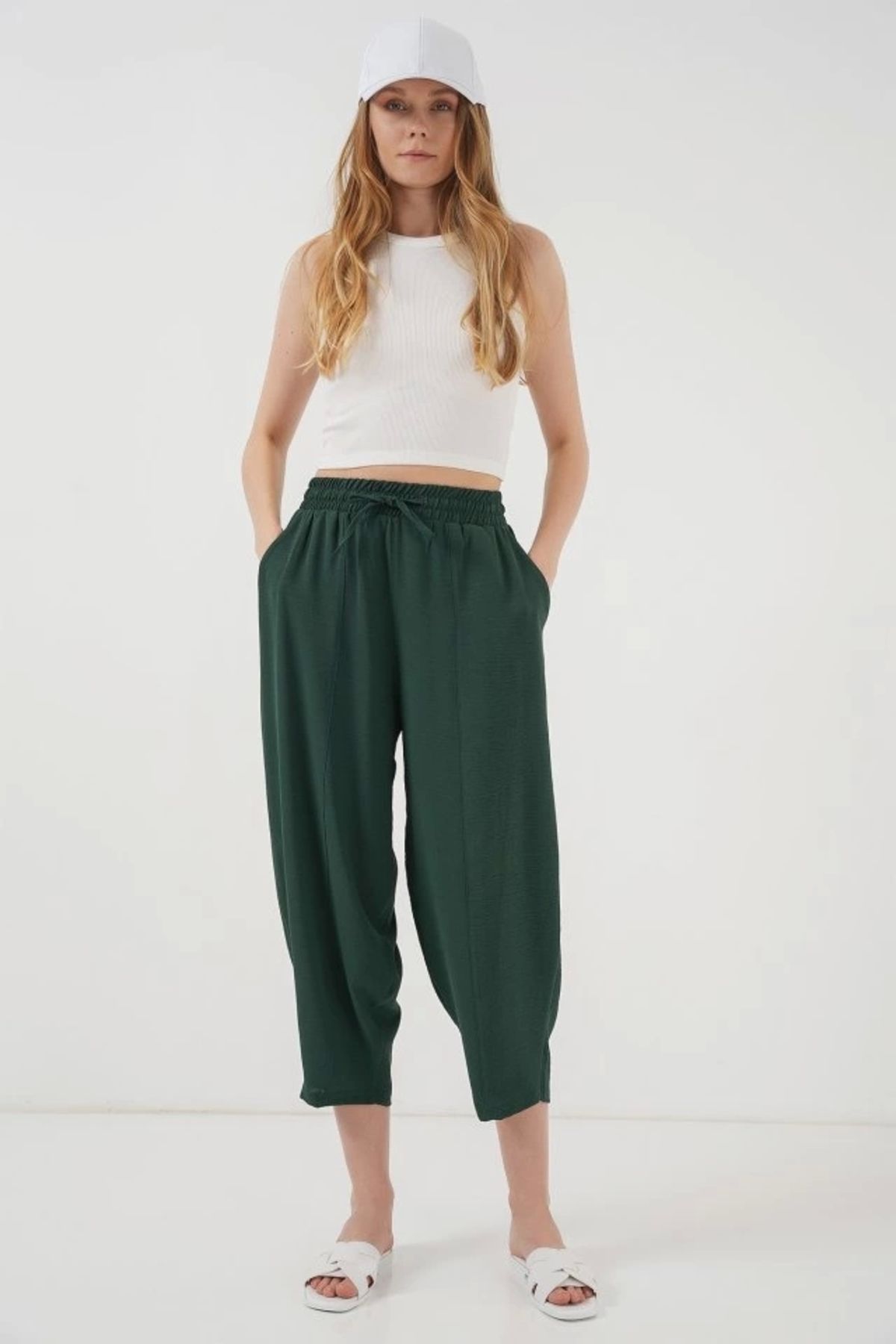 Butik 6591 Dokuma Şalvar Pantolon - Zümrüt Yeşili