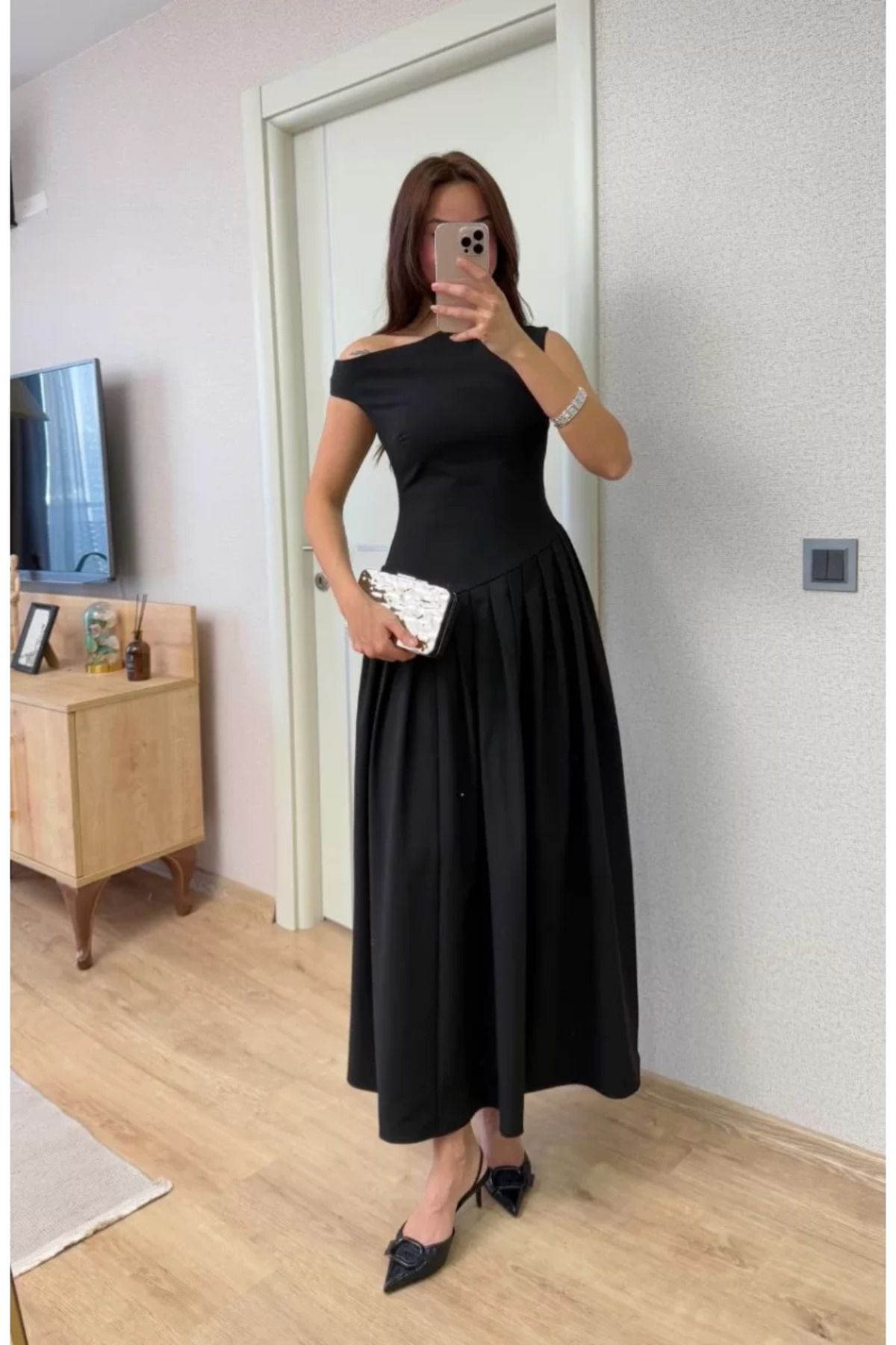 ruum fashions Asimetrik düşük yaka Kolsuz Uzun Elbise