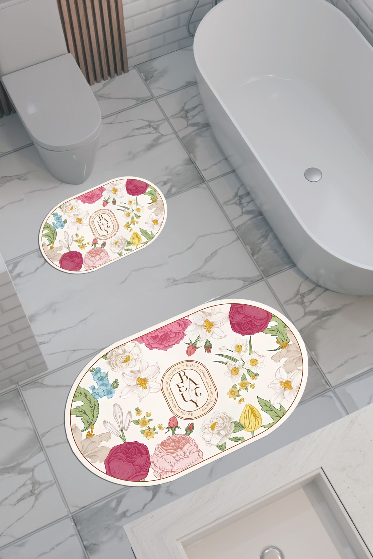 THEMODERNHANE Beauty Desenli Eko Banyo Paspası, Kaymaz Taban, Makinada Yıkanabilir, Dijital Baskı 2'li Set