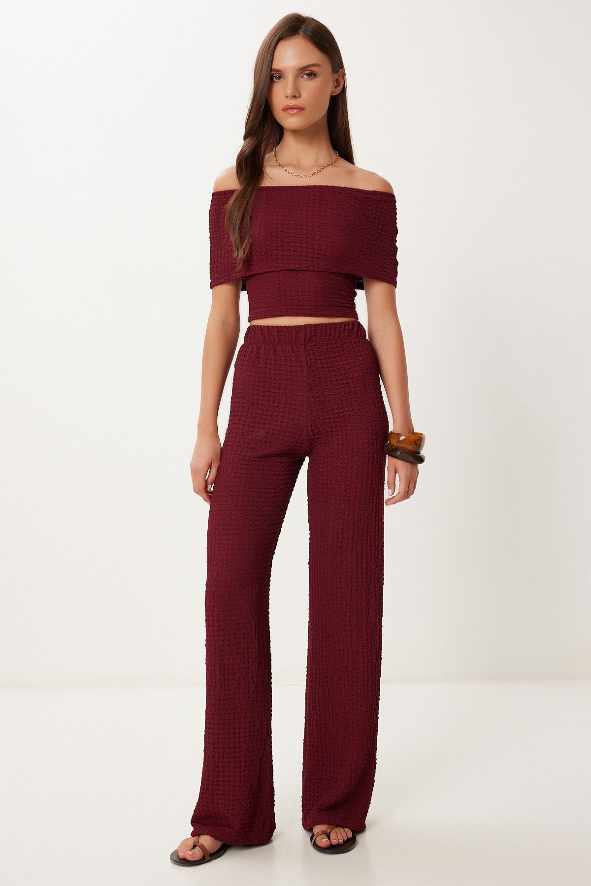 Lovelyİstanbul Dokulu Bluz Pantolon Takım BORDO LZV0014