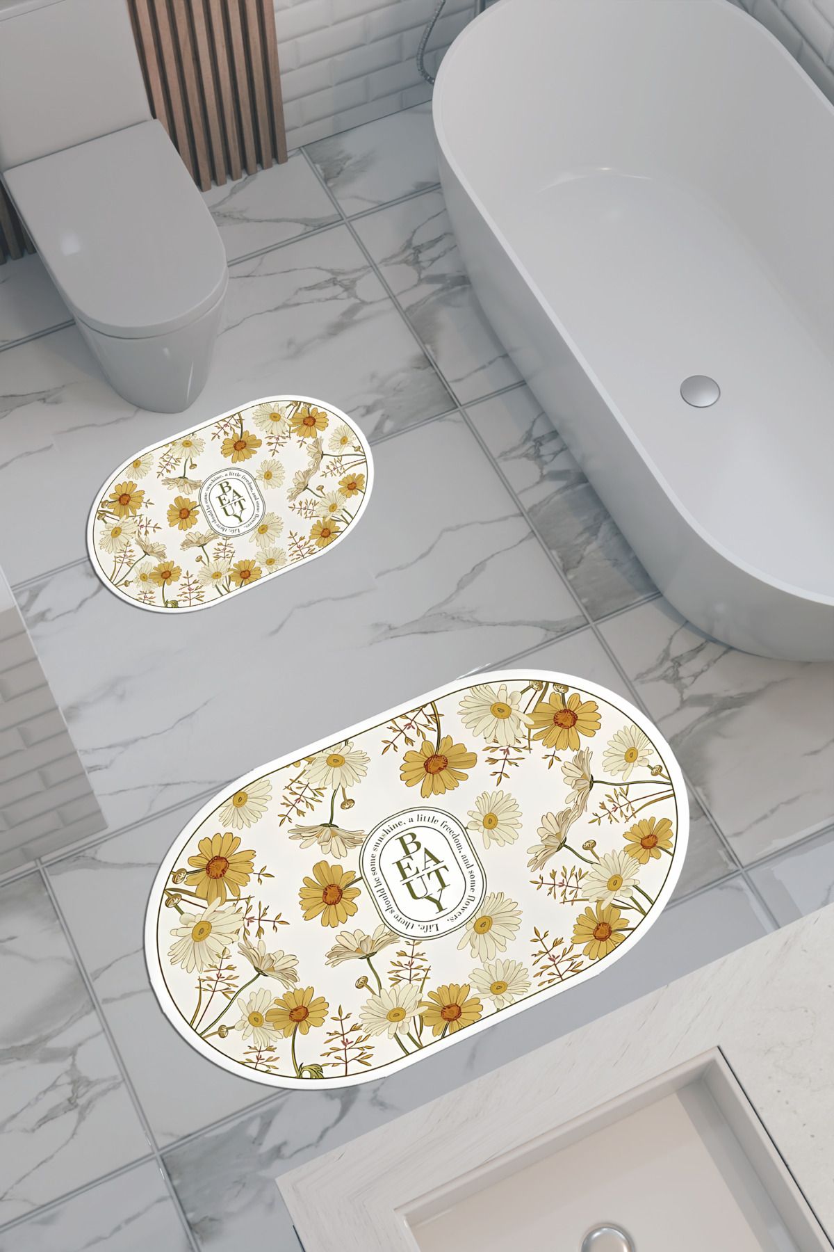 THEMODERNHANE Beauty Desenli Eko Banyo Paspası, Kaymaz Taban, Makinada Yıkanabilir, Dijital Baskı 2'li Set