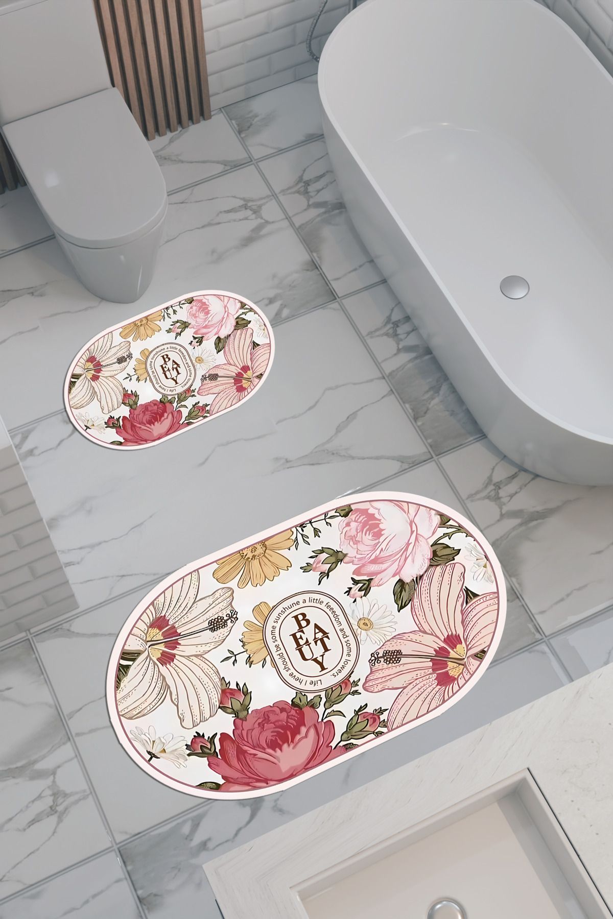 THEMODERNHANE Beauty Desenli Eko Banyo Paspası, Kaymaz Taban, Makinada Yıkanabilir, Dijital Baskı 2'li Set