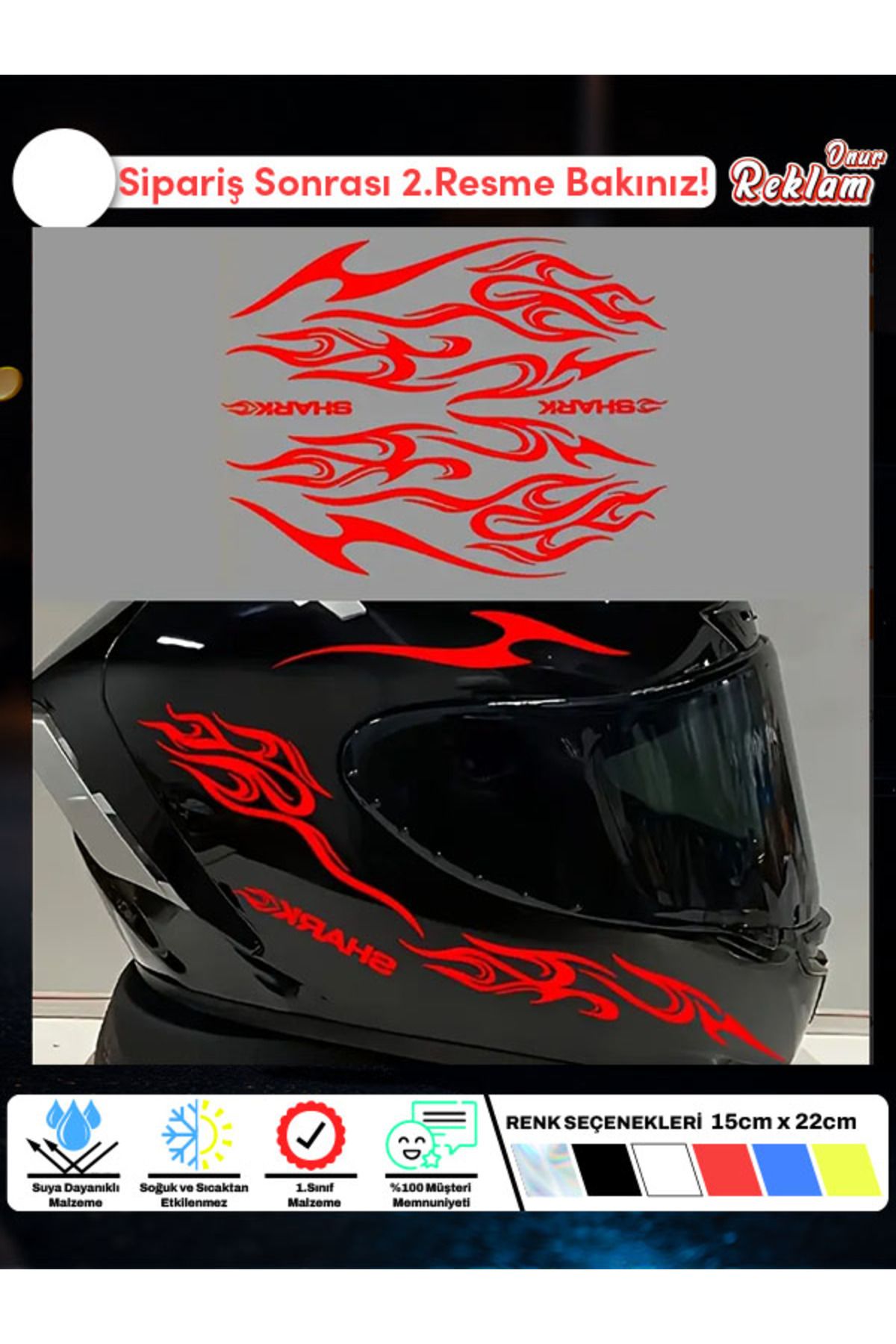 Onur Reklam Alev Desenli Kask Sticker Seti – 6 Parça (SHARK Yazılı, Suya Dayanıklı)