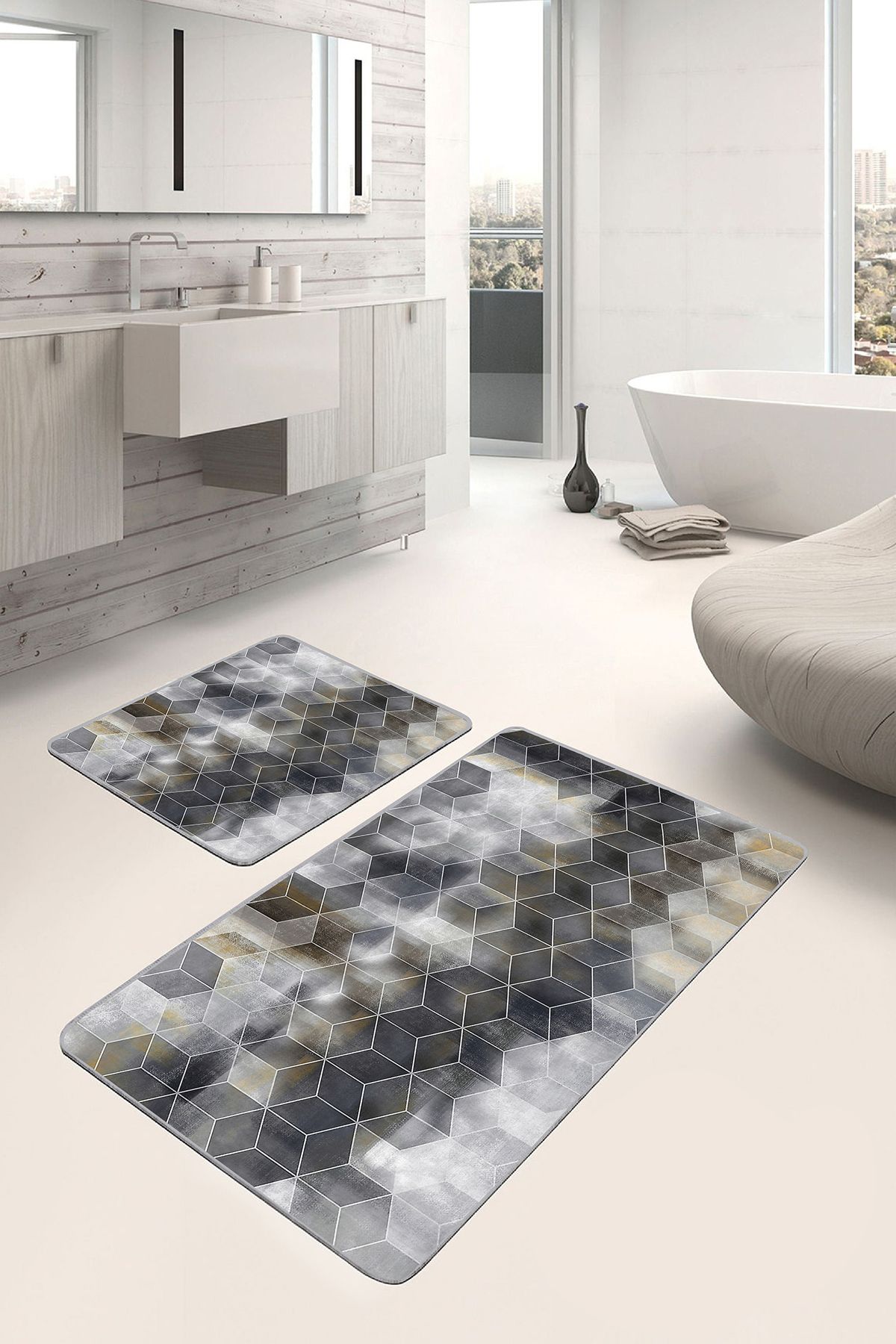 Realhomes Siyah - Bej Zeminde Geometrik Motifli Klasik Geometrik Sade & Şık 2'li Banyo & Mutfak Paspas Takımı