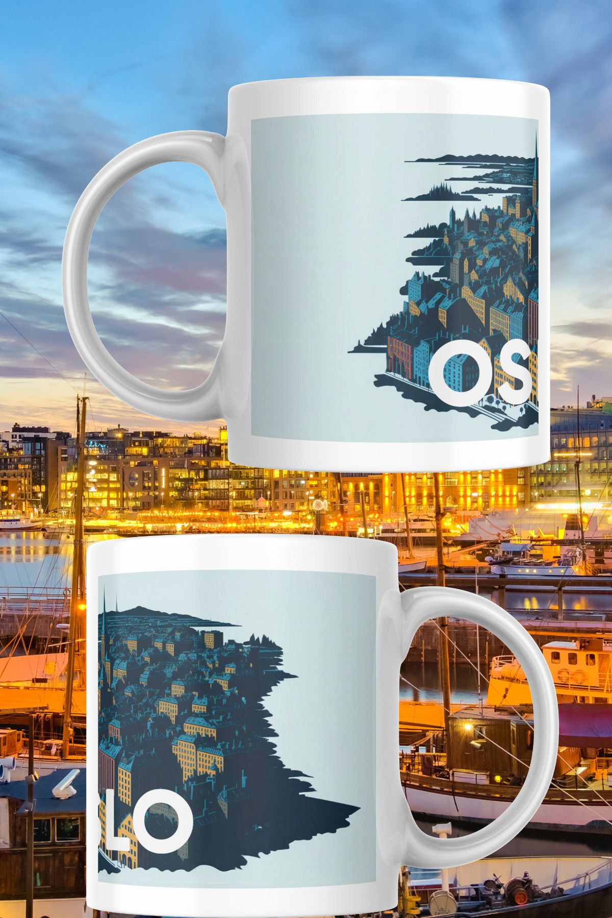 zerhome Oslo Temalı Beyaz Porselen Kupa Bardak
