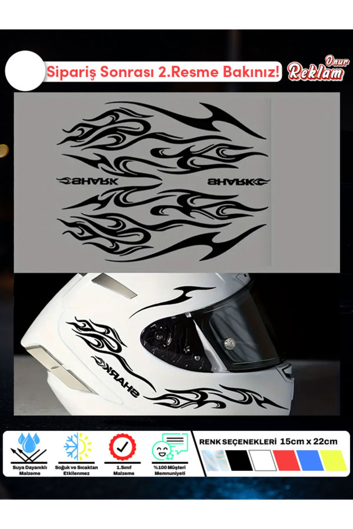 Onur Reklam Alev Desenli Kask Sticker Seti – 6 Parça (SHARK Yazılı, Suya Dayanıklı)