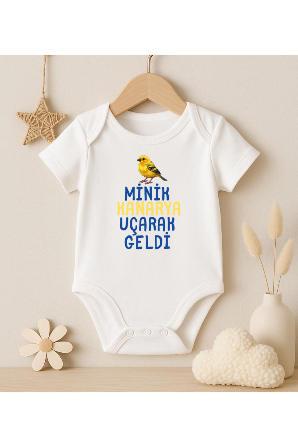 MODAT Minik Kanarya Uçarak Geldi Kanarya Yazılı Baskılı Bebek badi zıbın