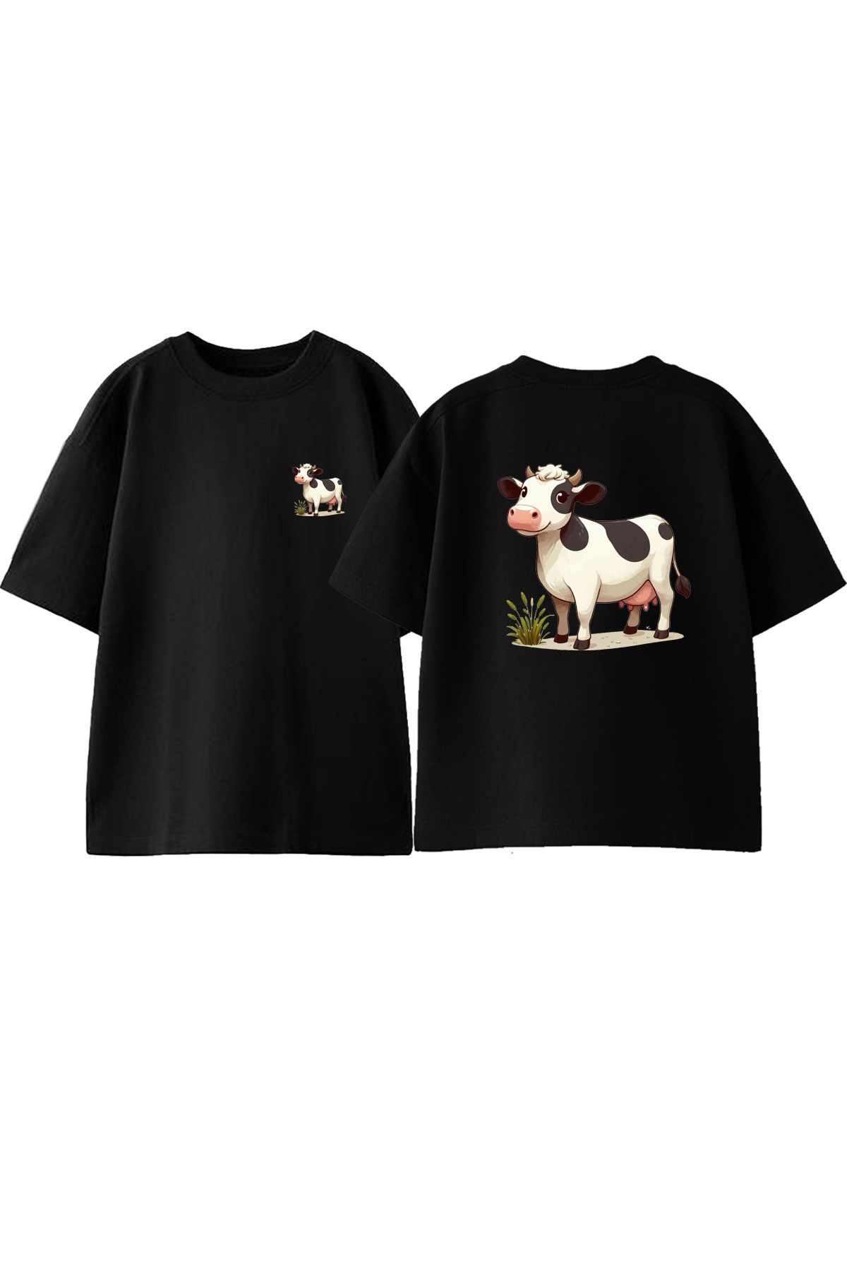 Anetos İnek Ön Arka Baskılı Pamuk Siyah Oversize T shirt