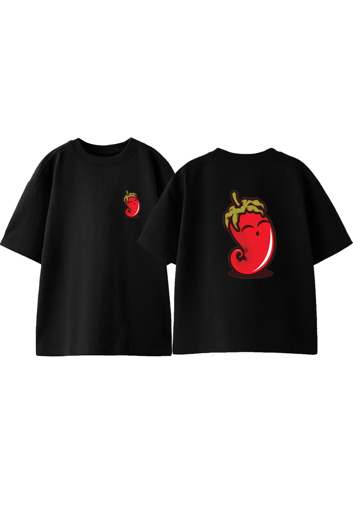 Anetos Mutlu Biber Ön Arka Baskılı Pamuk Siyah Oversize T shirt