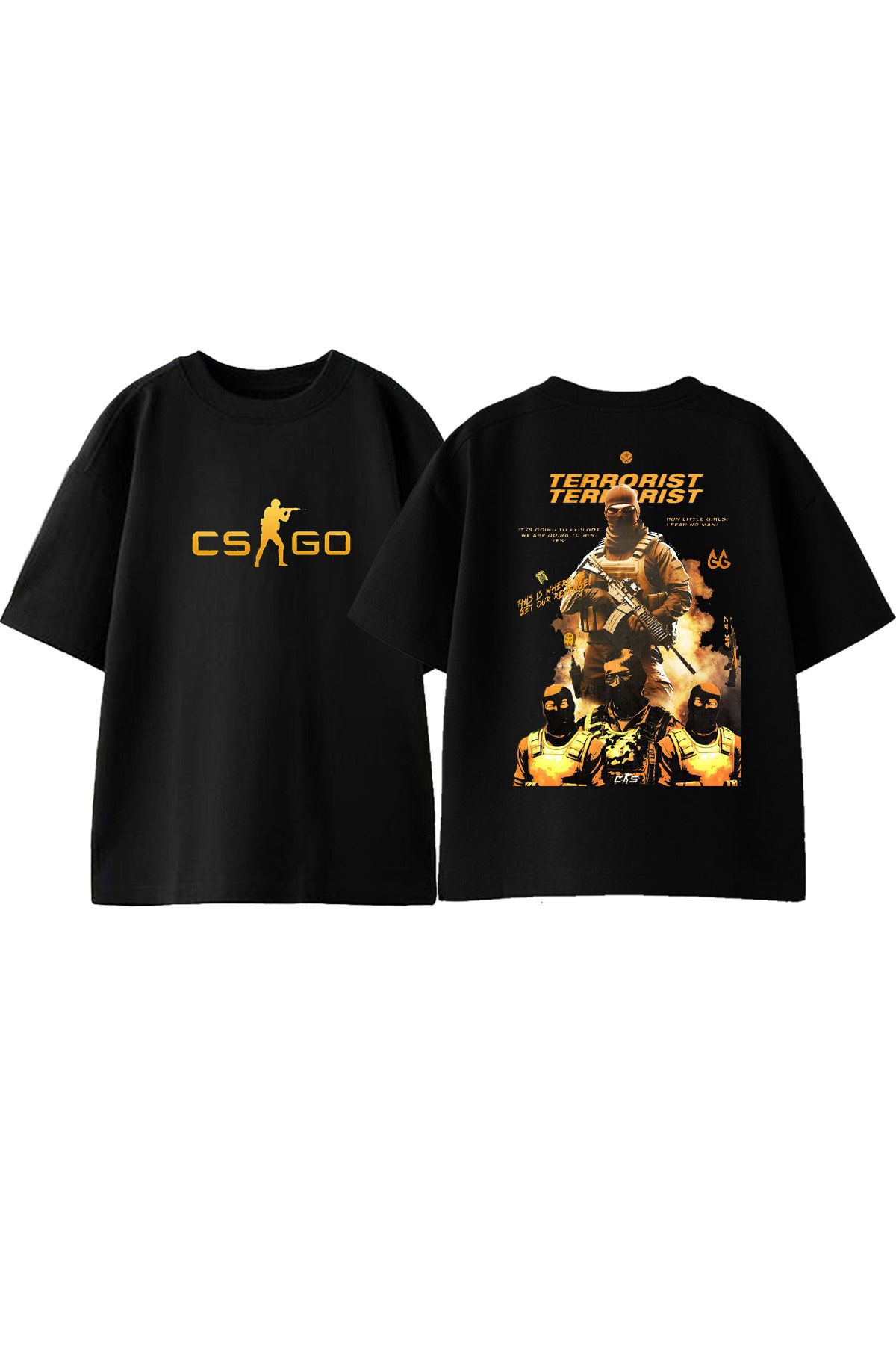 Anetos CsGo T Ön Arka Baskılı Pamuk Siyah Oversize T shirt
