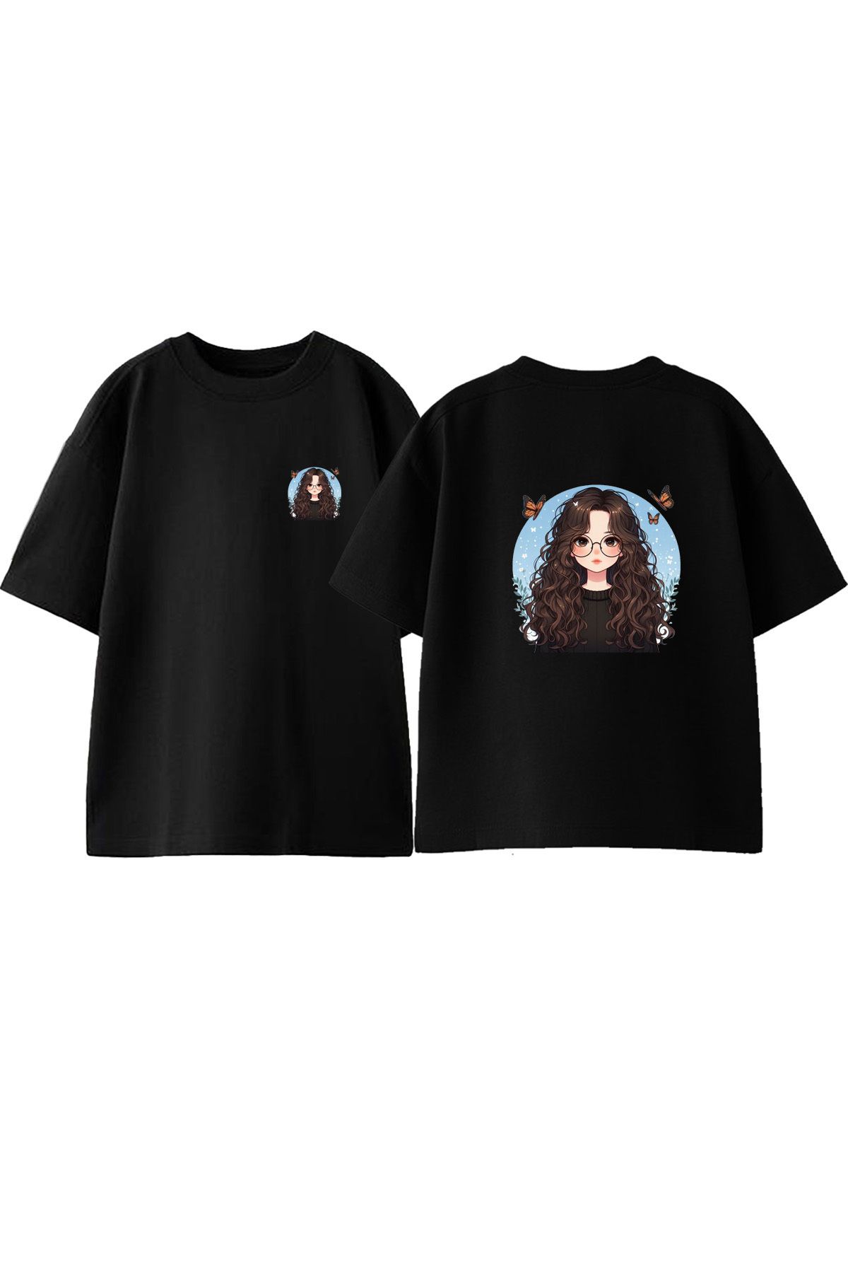 Anetos Tatlı Kız Ön Arka Baskılı Pamuk Siyah Oversize T shirt
