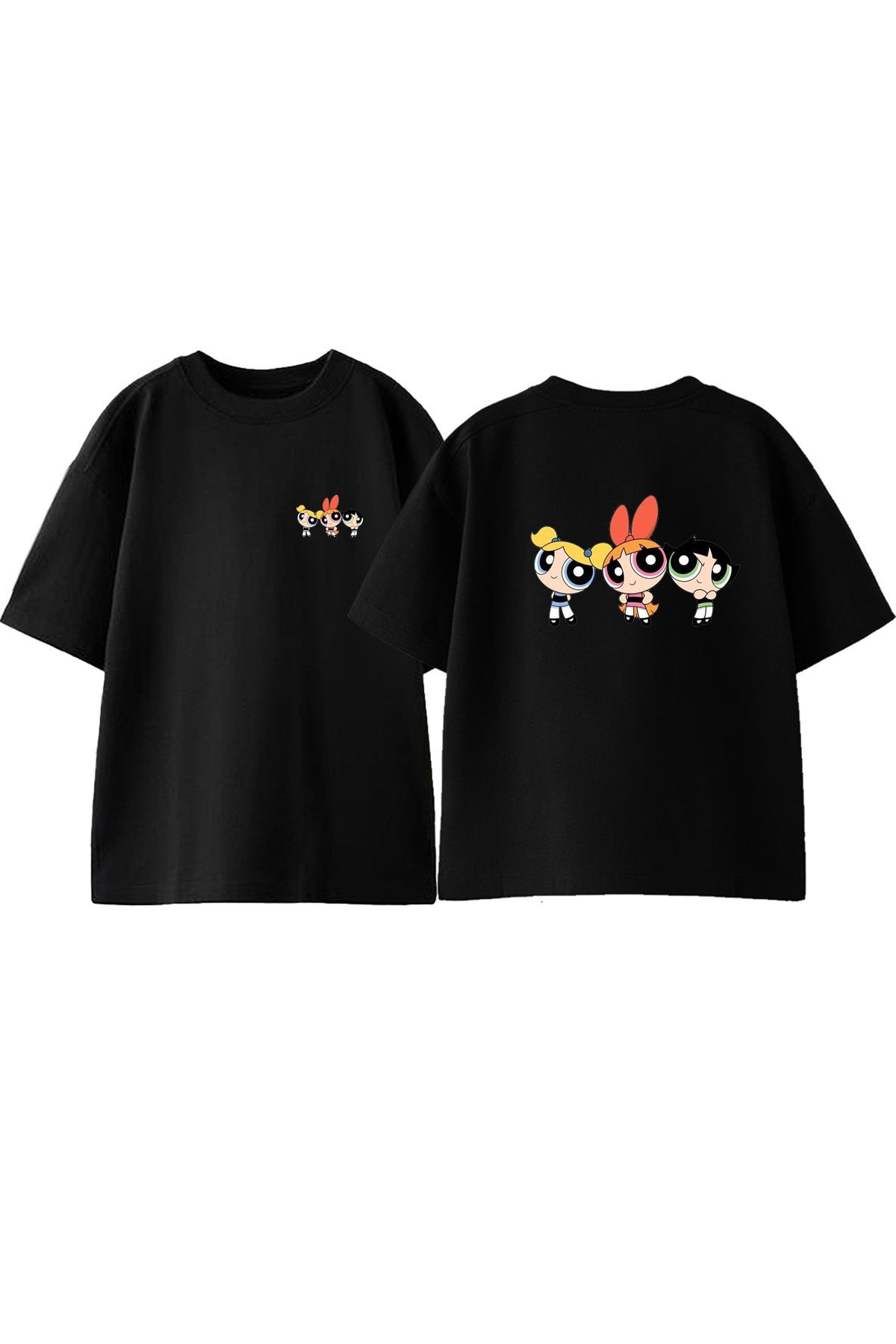 Anetos Üç Kız Ön Arka Baskılı Pamuk Siyah Oversize T shirt