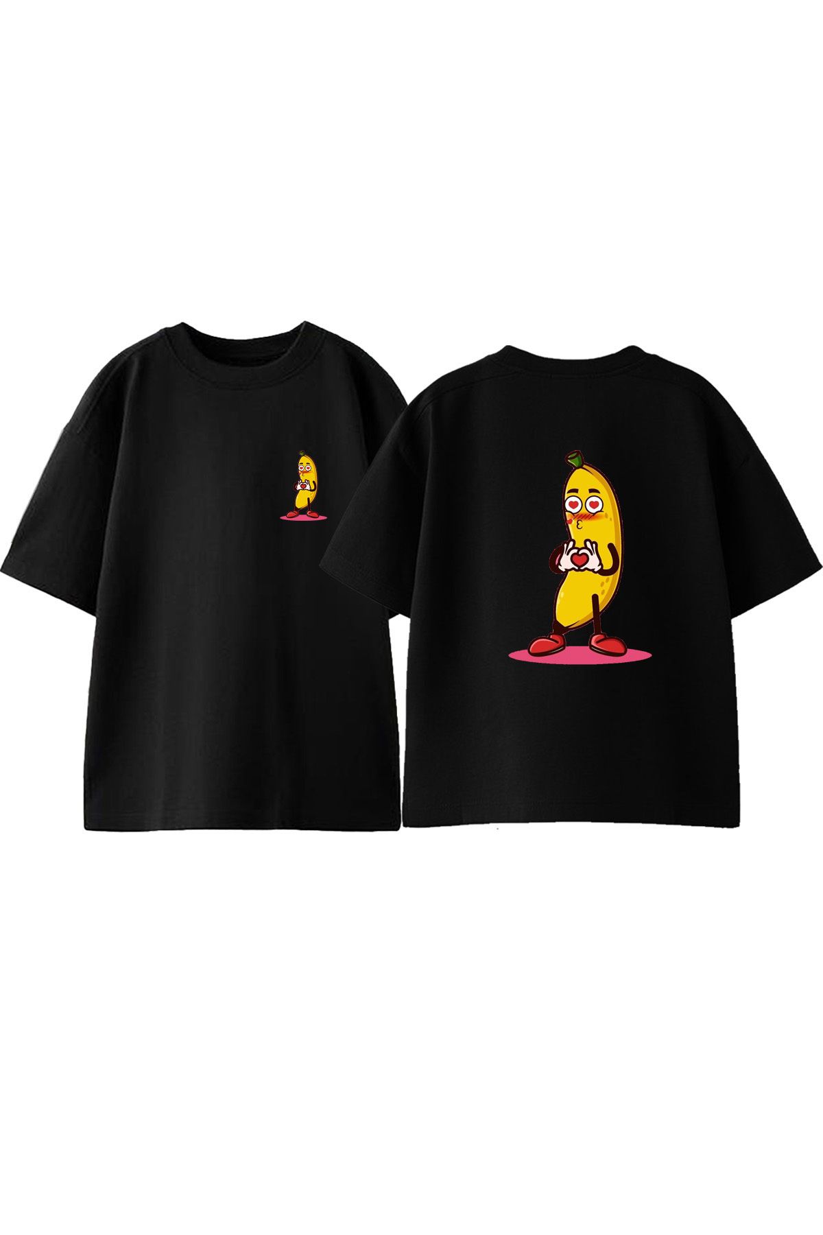 Anetos Love Muz Ön Arka Baskılı Pamuk Siyah Oversize T shirt