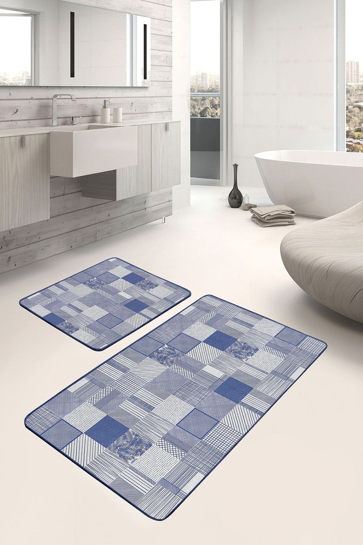 Realhomes 2'li Set Mavi Zeminde Geometrik Motifli Patchwork Geometrik Sade & Şık 2'li Banyo Paspas Takımı