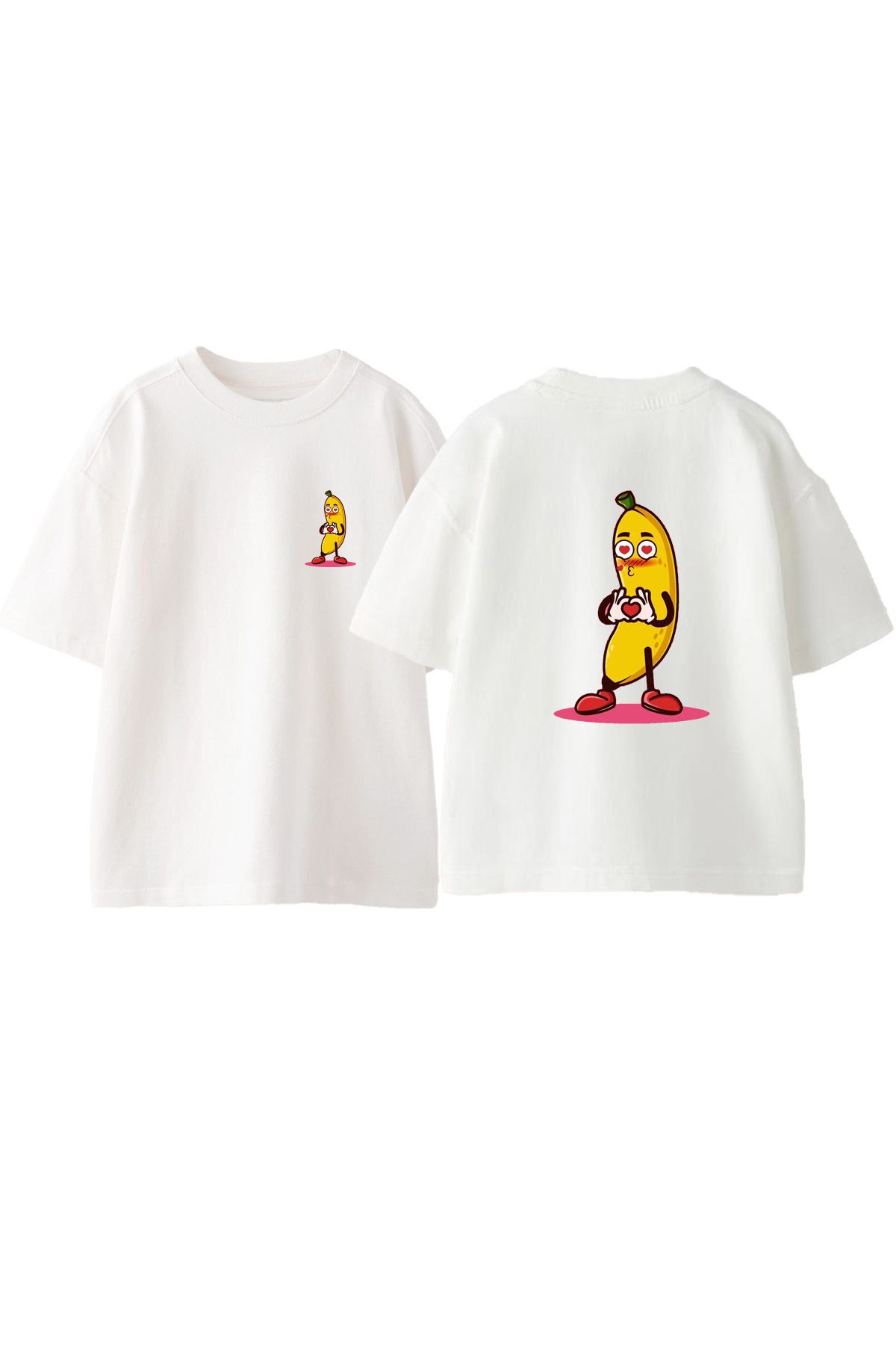 Anetos Love Muz Ön Arka Baskılı Pamuk Beyaz Oversize T shirt