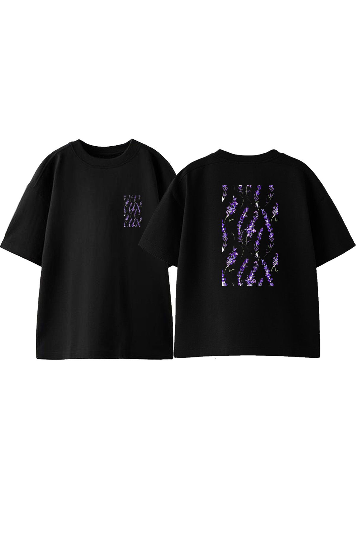 Anetos Mor Cicekler Ön Arka Baskılı Pamuk Siyah Oversize T shirt