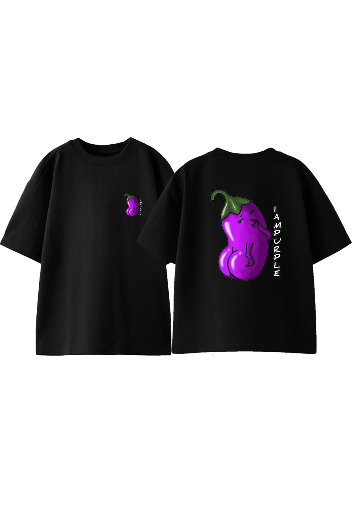 Anetos Patlıcan Ön Arka Baskılı Pamuk Siyah Oversize T shirt