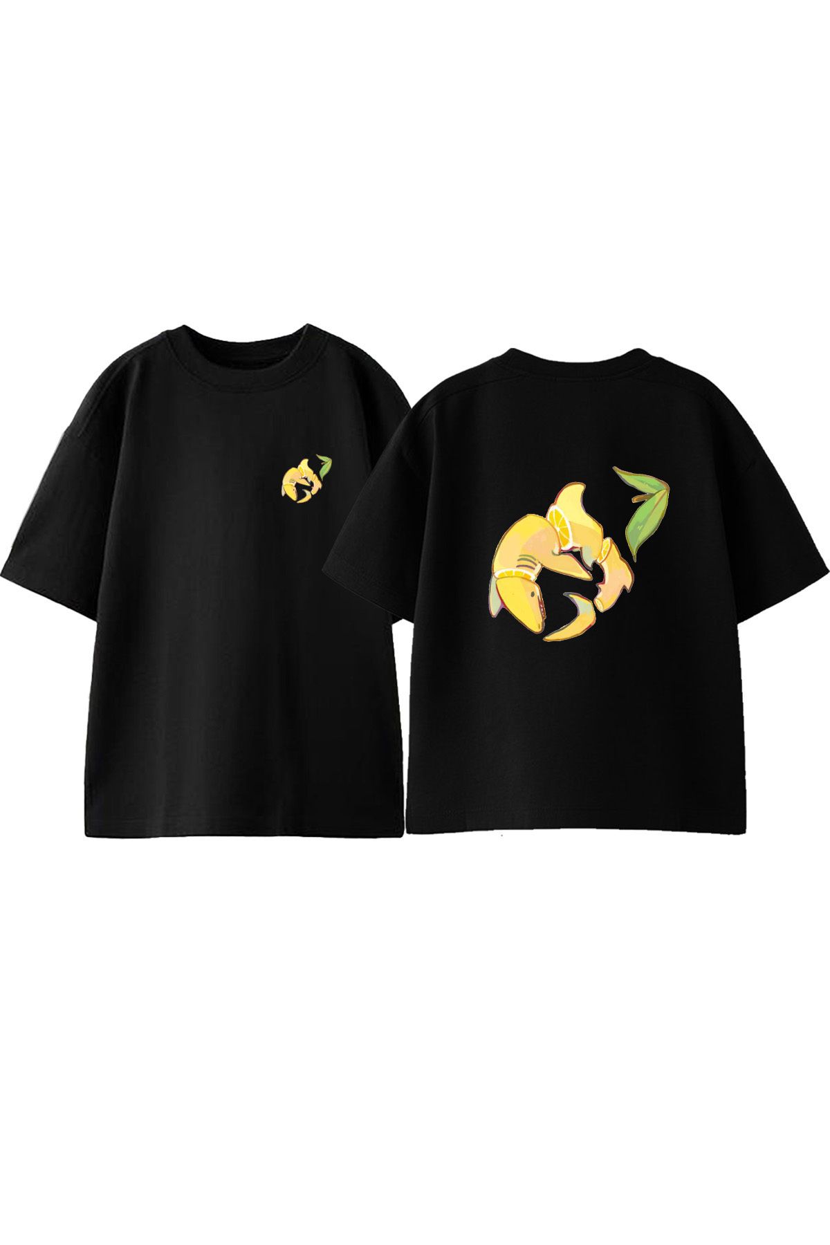 Anetos Köpekbalıgı Limon Ön Arka Baskılı Pamuk Siyah Oversize T shirt