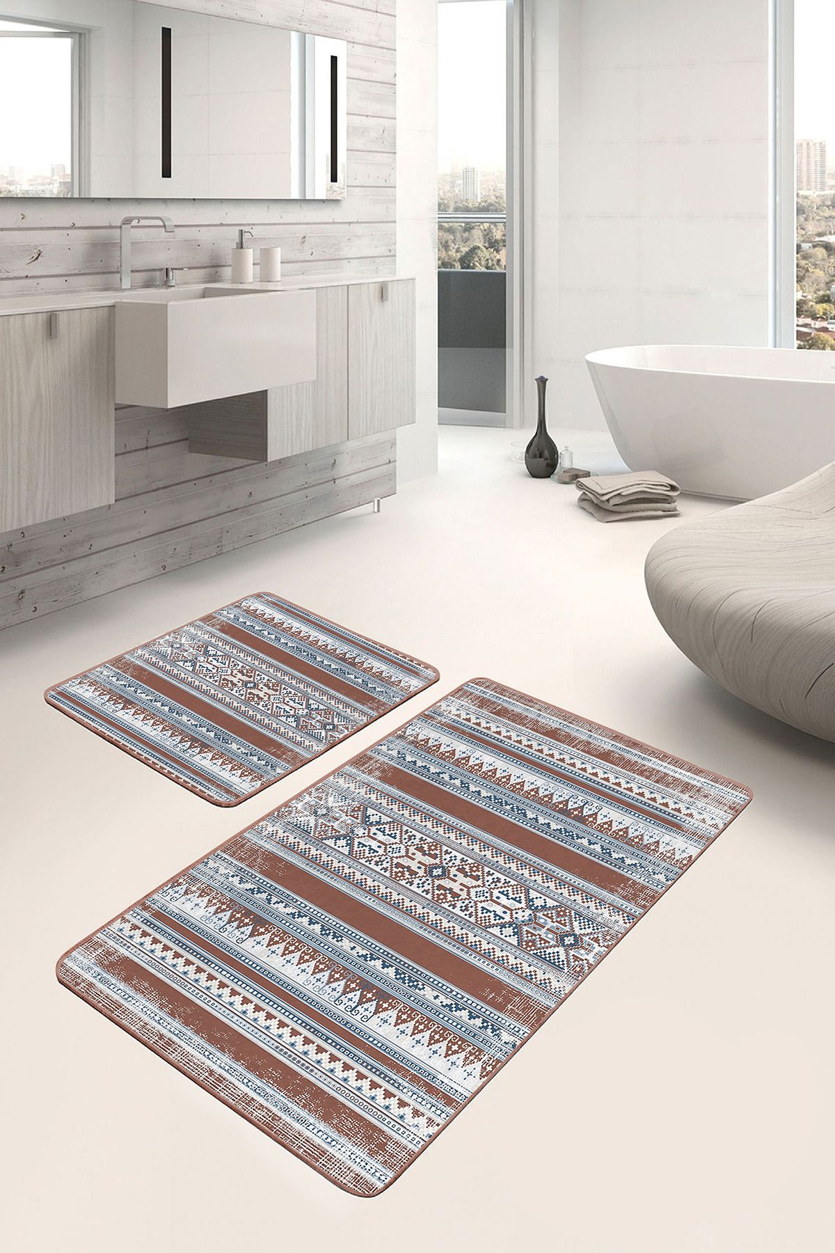 Realhomes 2li Set Kremit Zeminde Pers Motifli Osmanlı Desenli Vintage Eskitme Motifli 2'li Banyo Paspas Takımı