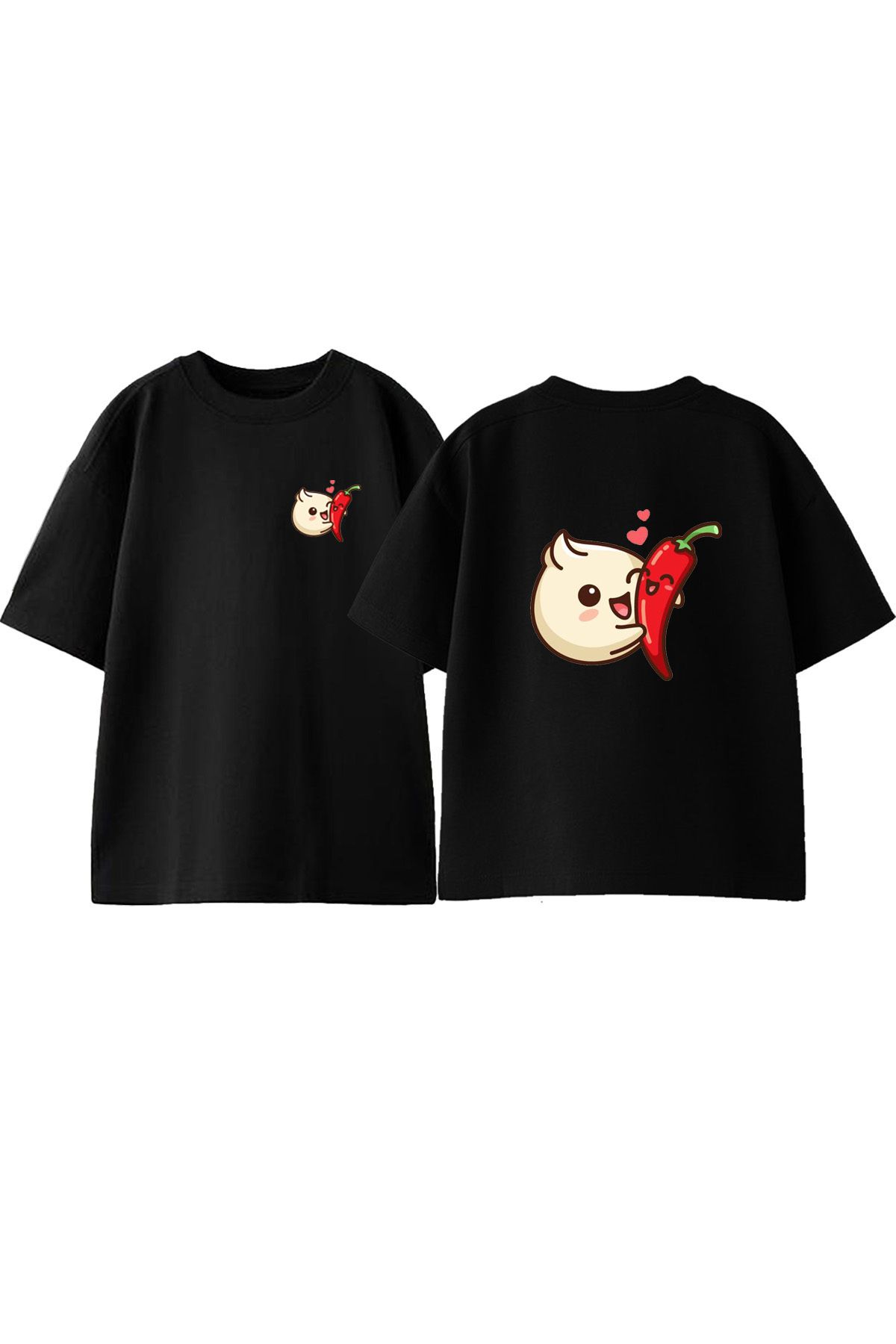 Anetos Sogan Biber Ön Arka Baskılı Pamuk Siyah Oversize T shirt