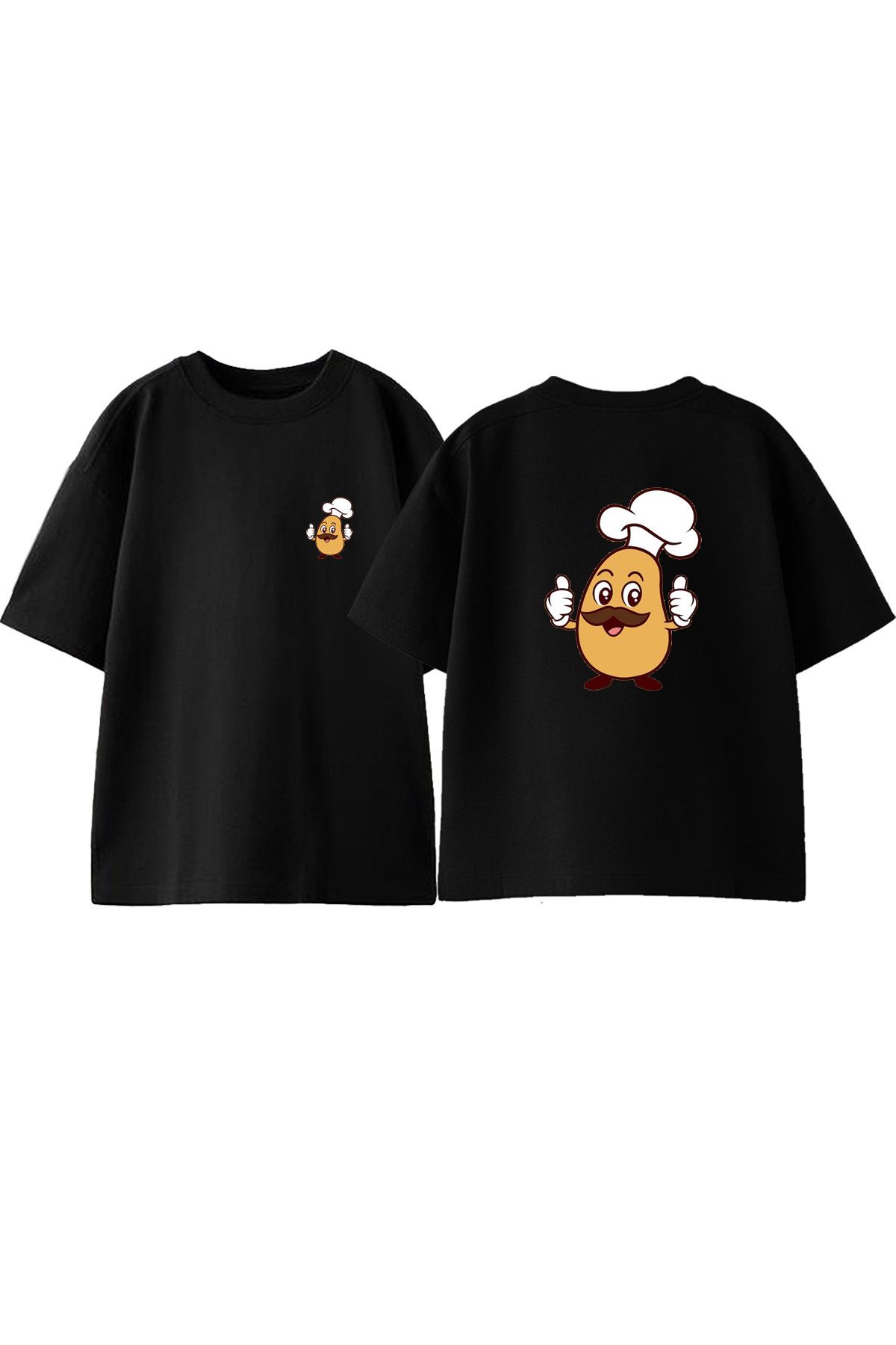 Anetos Cef Patates Ön Arka Baskılı Pamuk Siyah Oversize T shirt