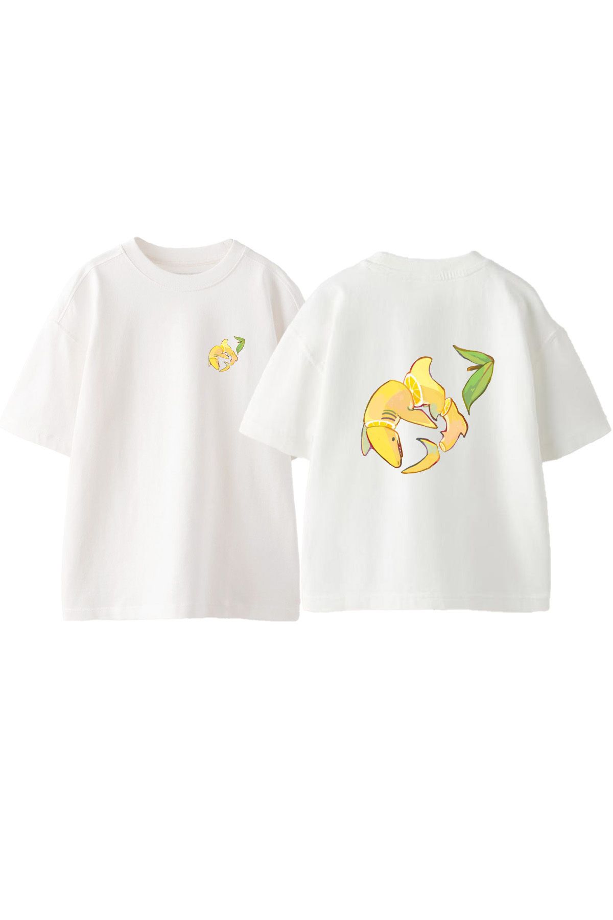Anetos Köpekbalıgı Limon Ön Arka Baskılı Pamuk Beyaz Oversize T shirt