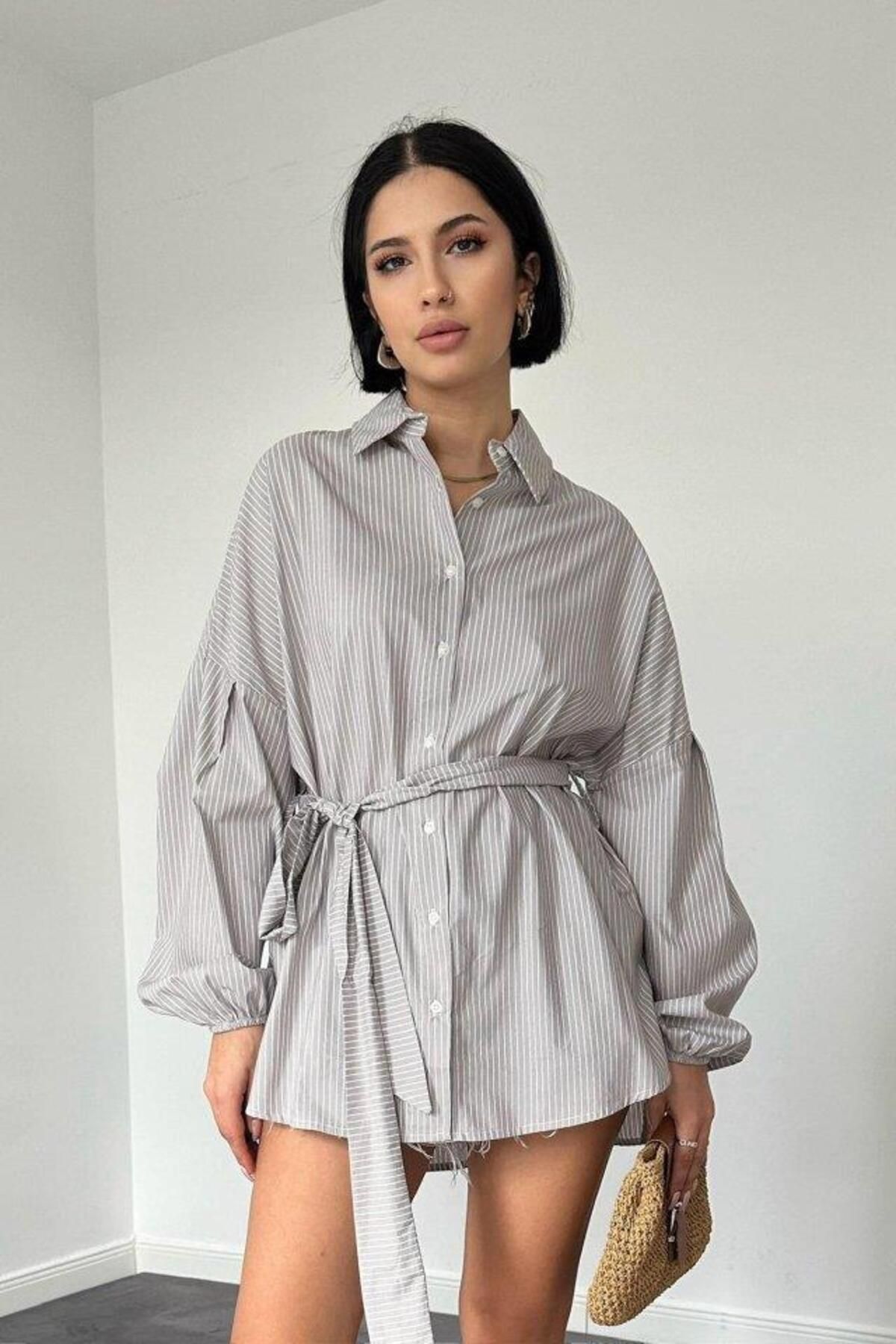 modamtn Kahverengi Çizgili Poplin Kuşaklı Gömlek