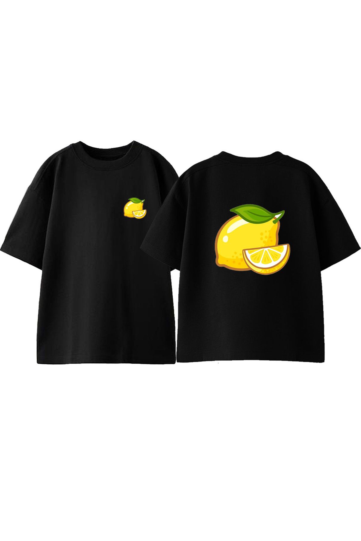 Anetos Limon Dilimi Ön Arka Baskılı Pamuk Siyah Oversize T shirt