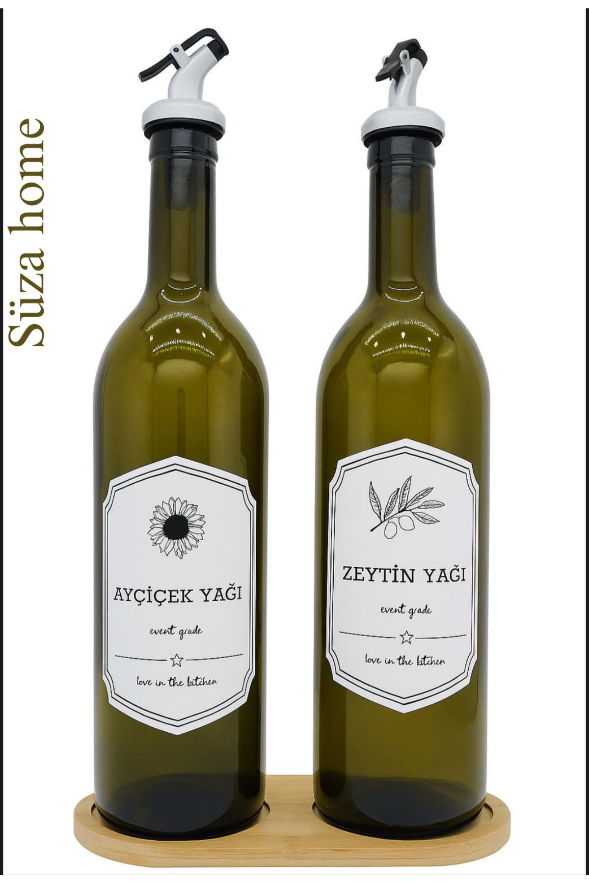 SEZA HOME Ahşap Stantlıı Amber 2'li 750 Ml Zeytinyağı Sıvıyağ Şişesi Yağdanlık Yağlık Cam Şişe