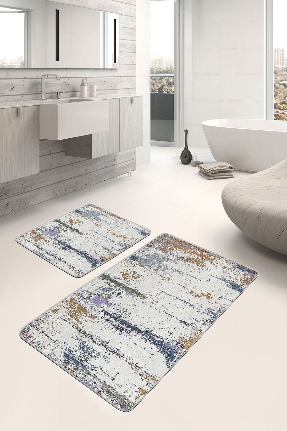 Realhomes 2'li Set Krem Zeminde Eskitme Motifli Örgü Desenli Eskitme Motifli Vintage 2'li Banyo Paspas Takımı