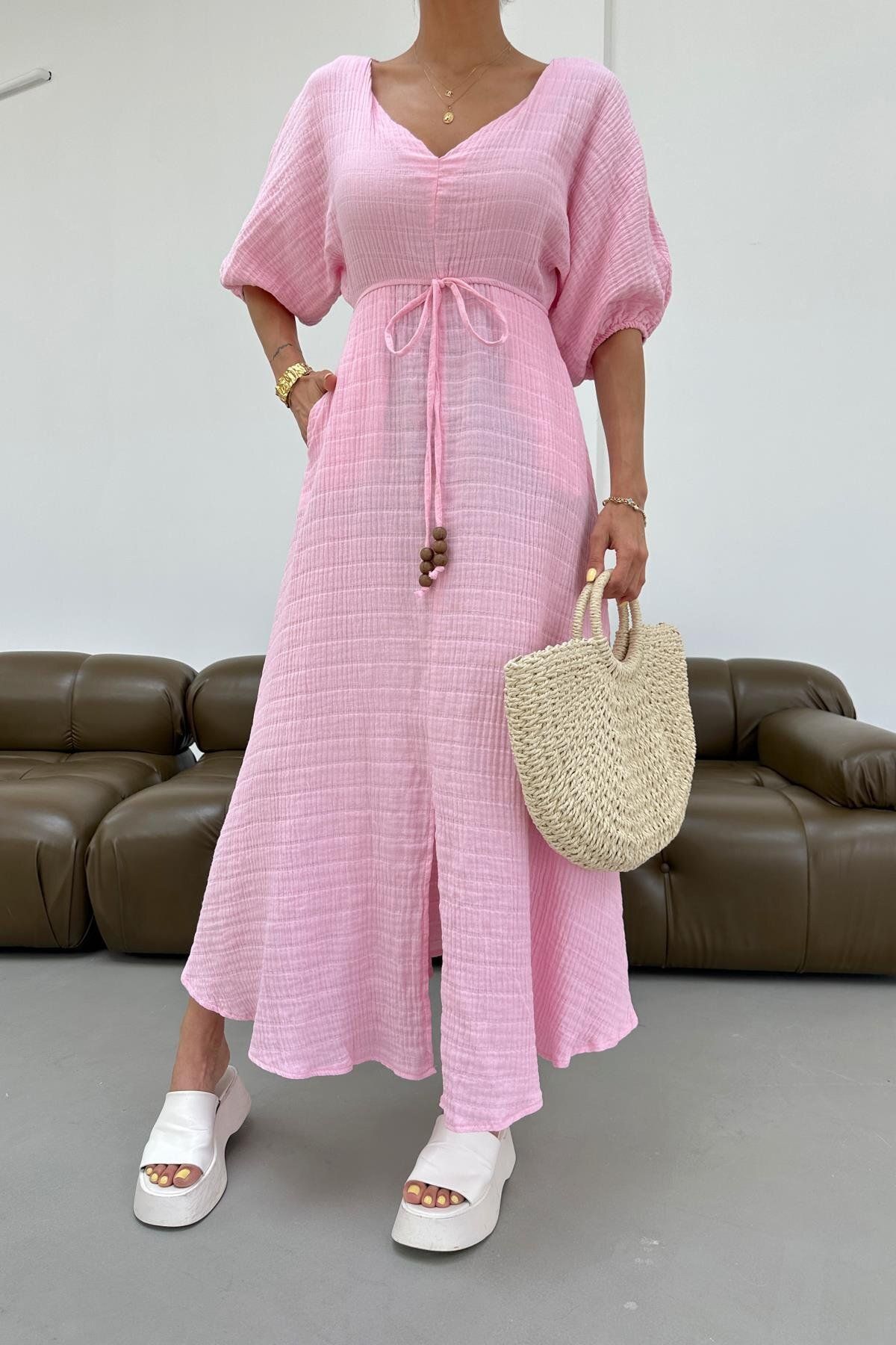 mylove V Yaka Alaçatı Müslin Elbise Pembe