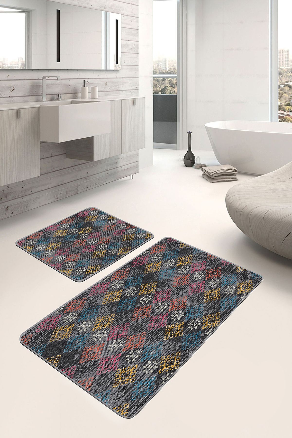 Realhomes 2'li Set Otantik Zeminde Örme Motifli Kilim Desenli Eskitme Motifli Vintage 2'li Banyo Paspas Takımı