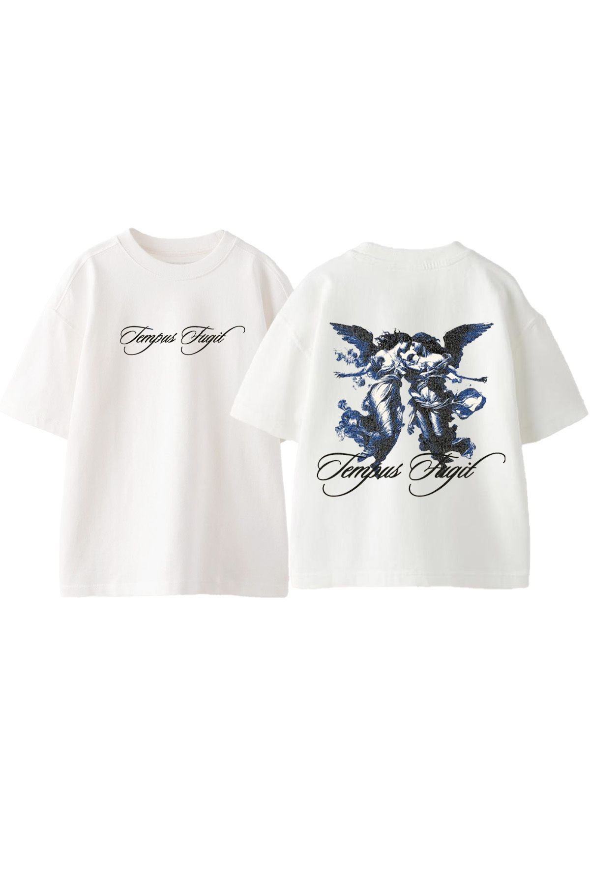 Anetos Angel Blue Ön Arka Baskılı Pamuk Beyaz Oversize T shirt