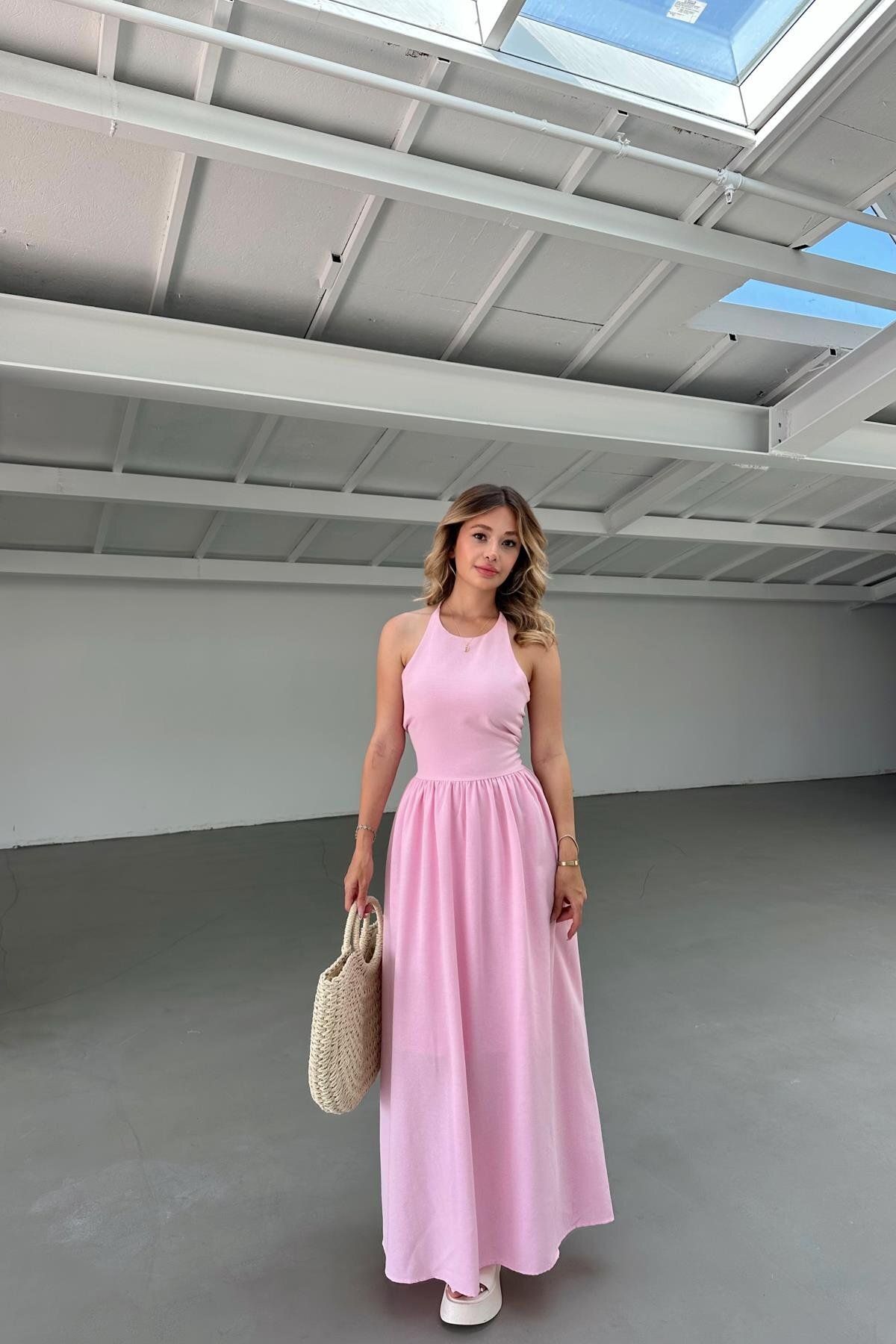 mylove Boyundan Bağlamalı Maxi Keten Pembe