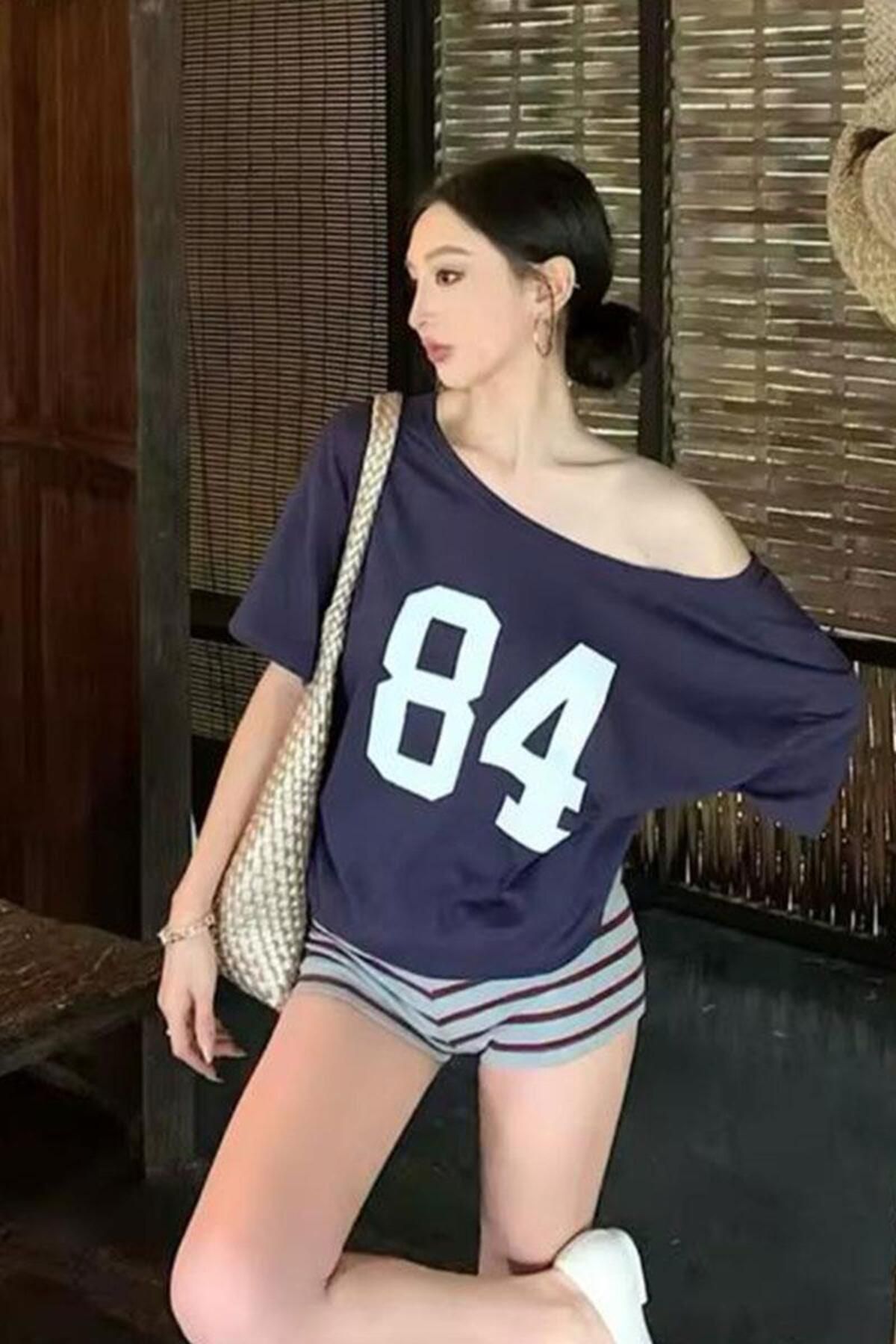 BALİNA Lacivert 84 Number Salaş Omuz Dekolteli T-shirt -BLN