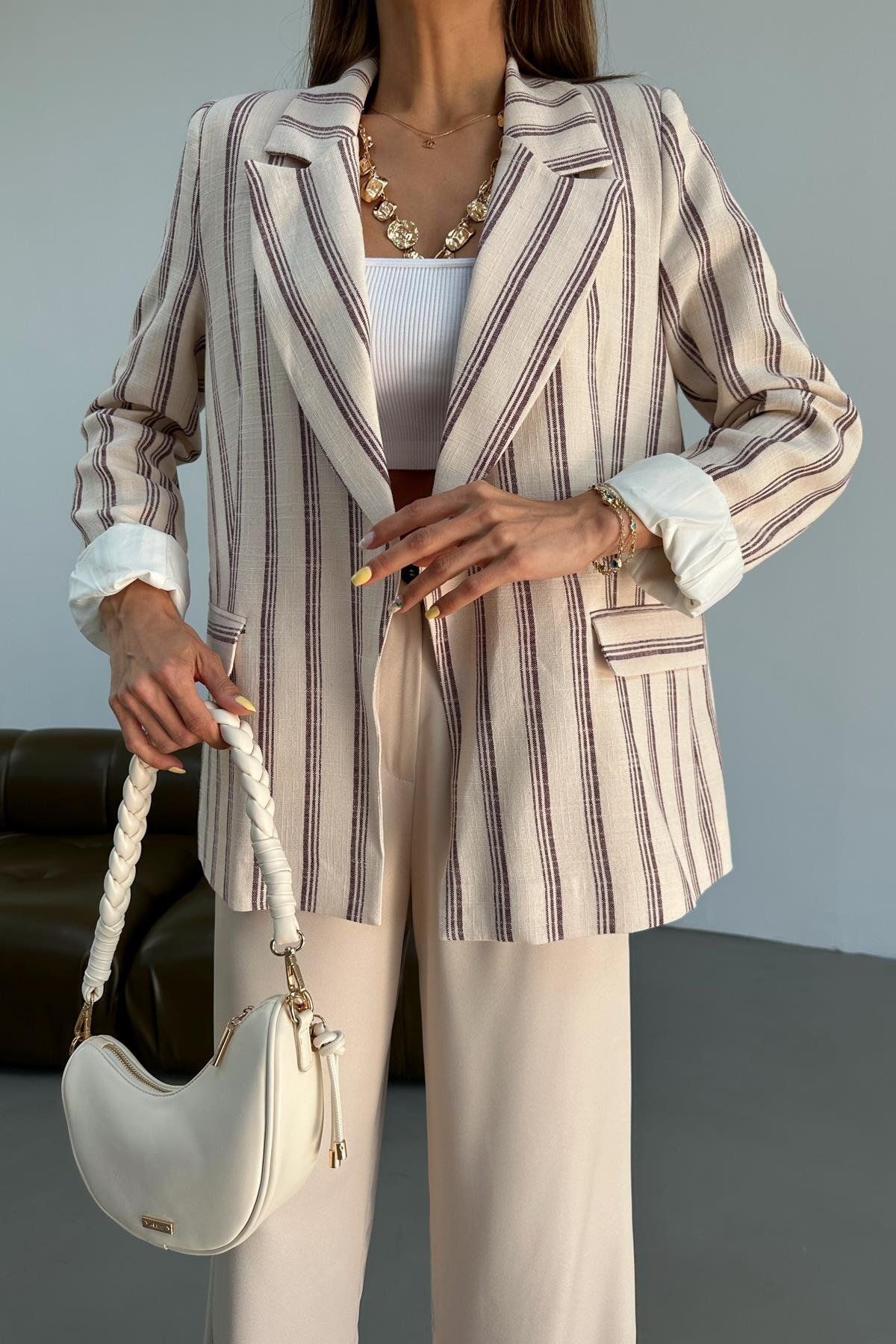 mylove Keten Çizgili Blazer Ceket Kahve