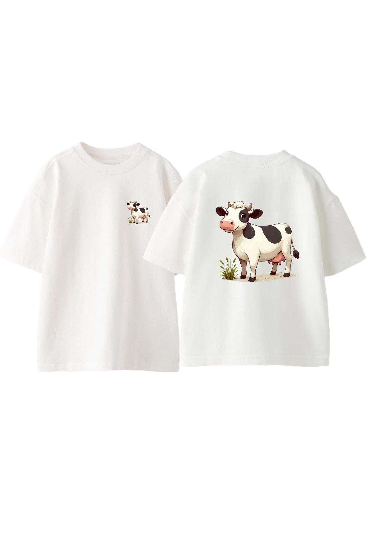 Anetos İnek Ön Arka Baskılı Pamuk Beyaz Oversize T shirt