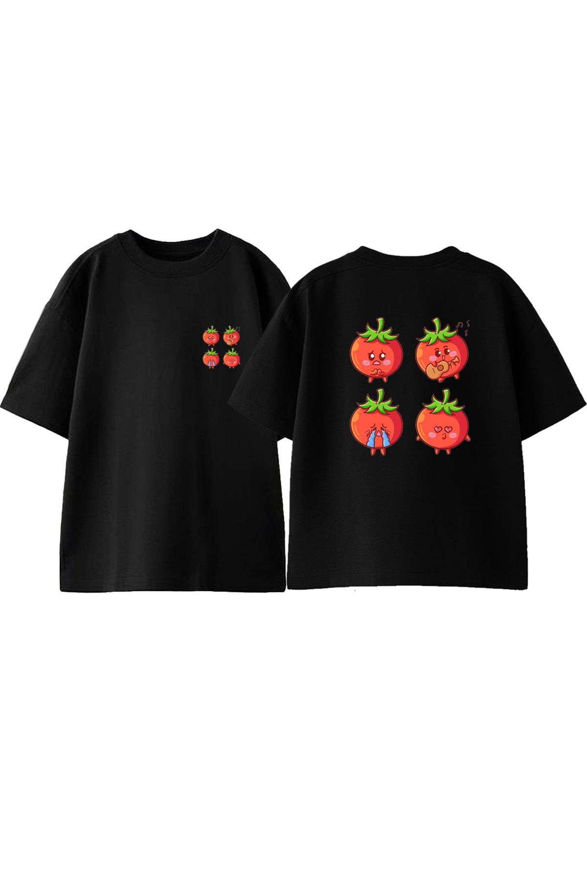 Anetos Domatesler Ön Arka Baskılı Pamuk Siyah Oversize T shirt