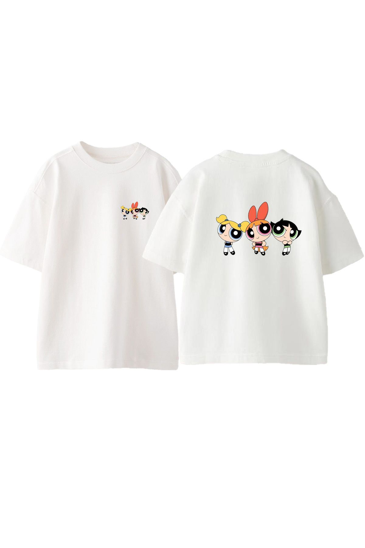 Anetos Üç Kız Ön Arka Baskılı Pamuk Beyaz Oversize T shirt